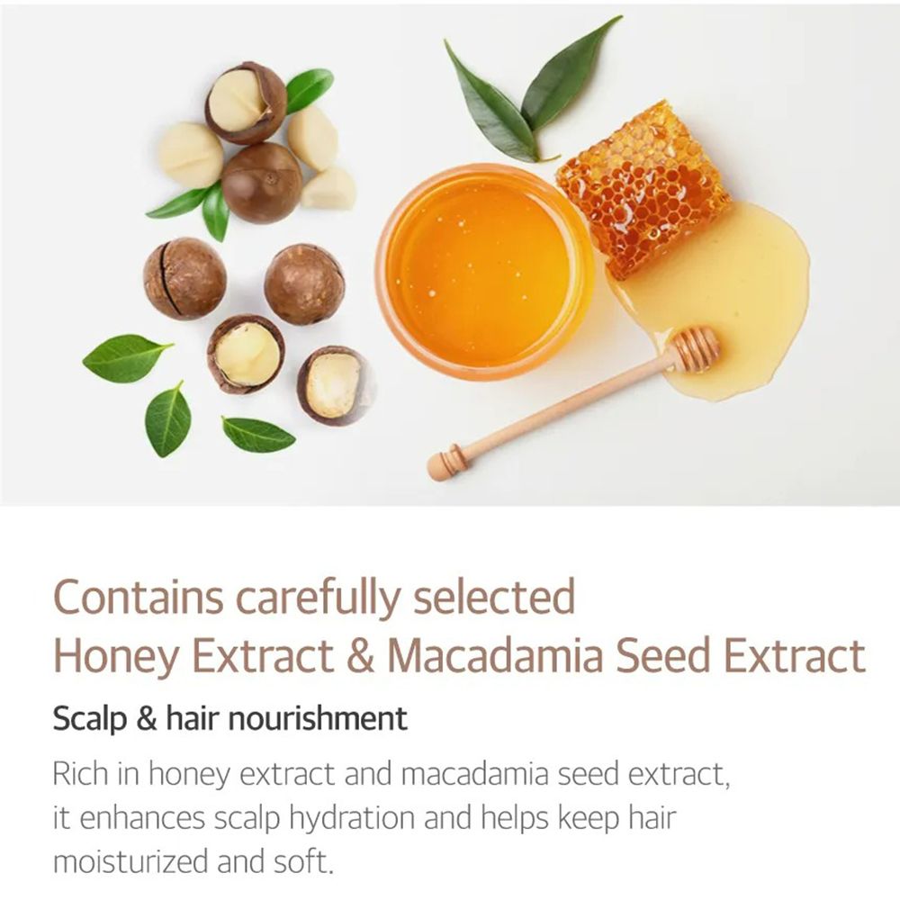 Makadamianüsse, Honig, Honigwabe und Blätter auf weißem Hintergrund. Text: Honigextrakt & Macadamiasamenextrakt.