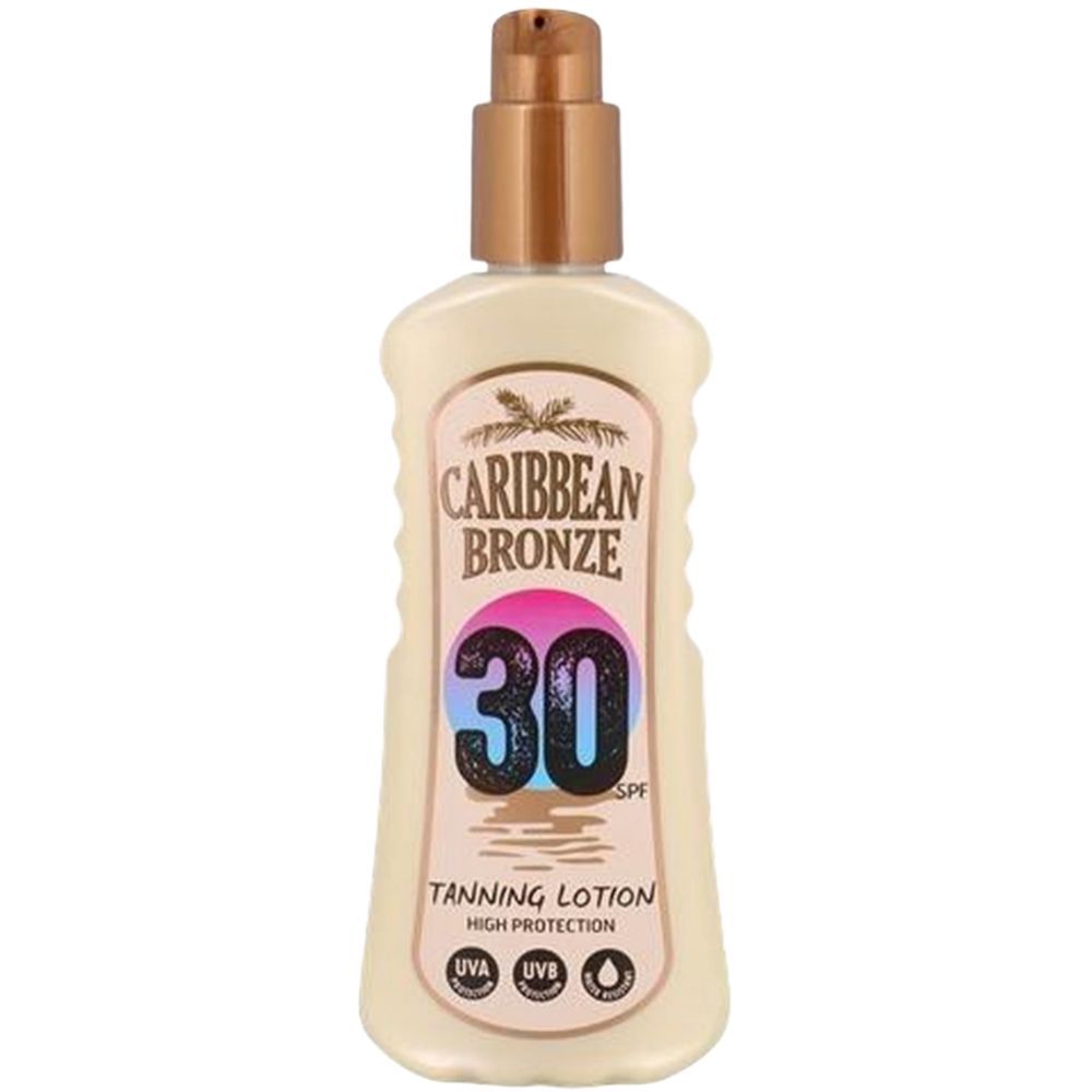 Beige Sonnenlotion-Flasche mit braunem Pumpverschluss. Aufschrift: Caribbean Bronze, 30 SPF, Tanning Lotion. UVA/UVB-Schutz.