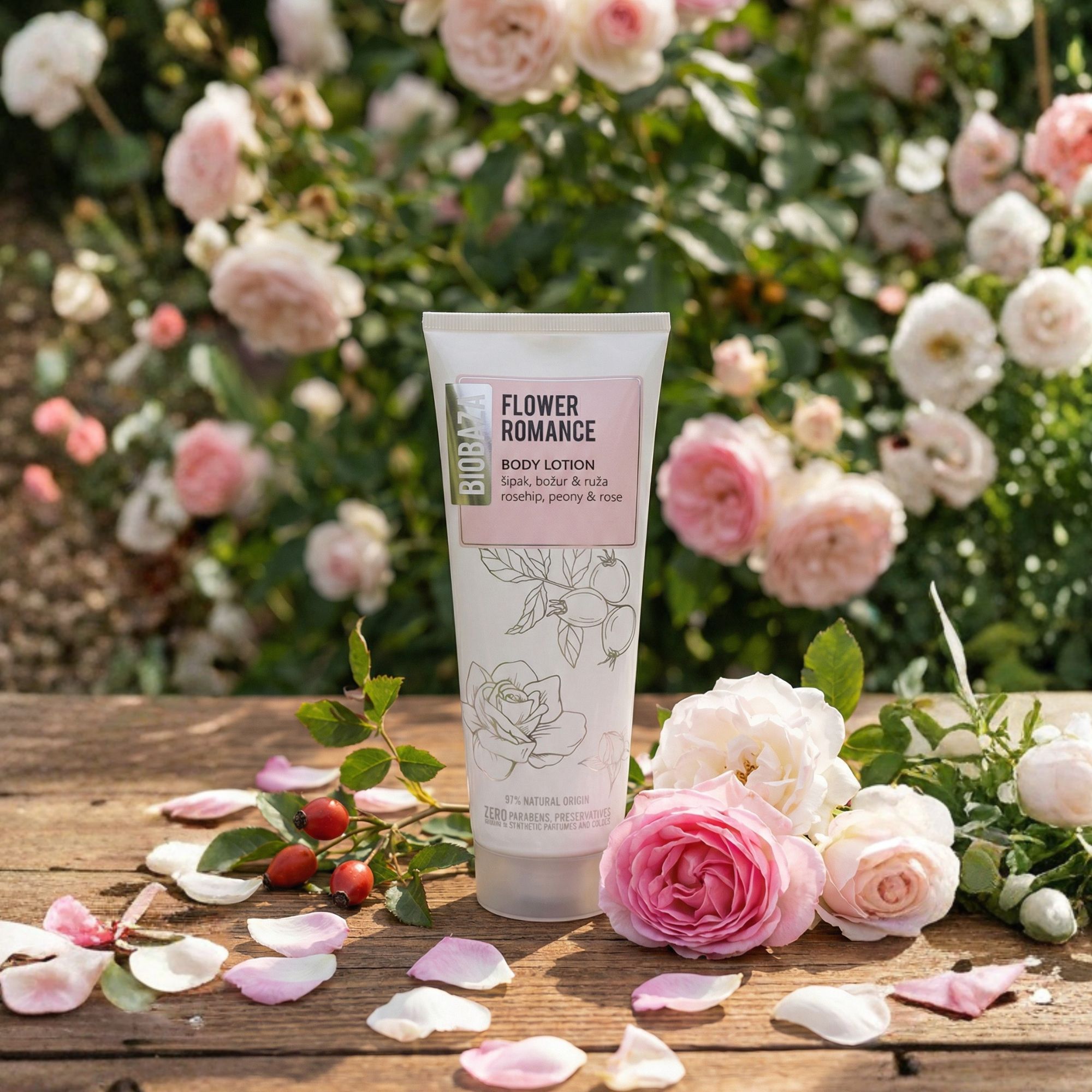 Biobaza Body Lotion Flower Romance Tube auf Holz, umgeben von Rosen und Blütenblättern. Hintergrund: Rosenbüsche.