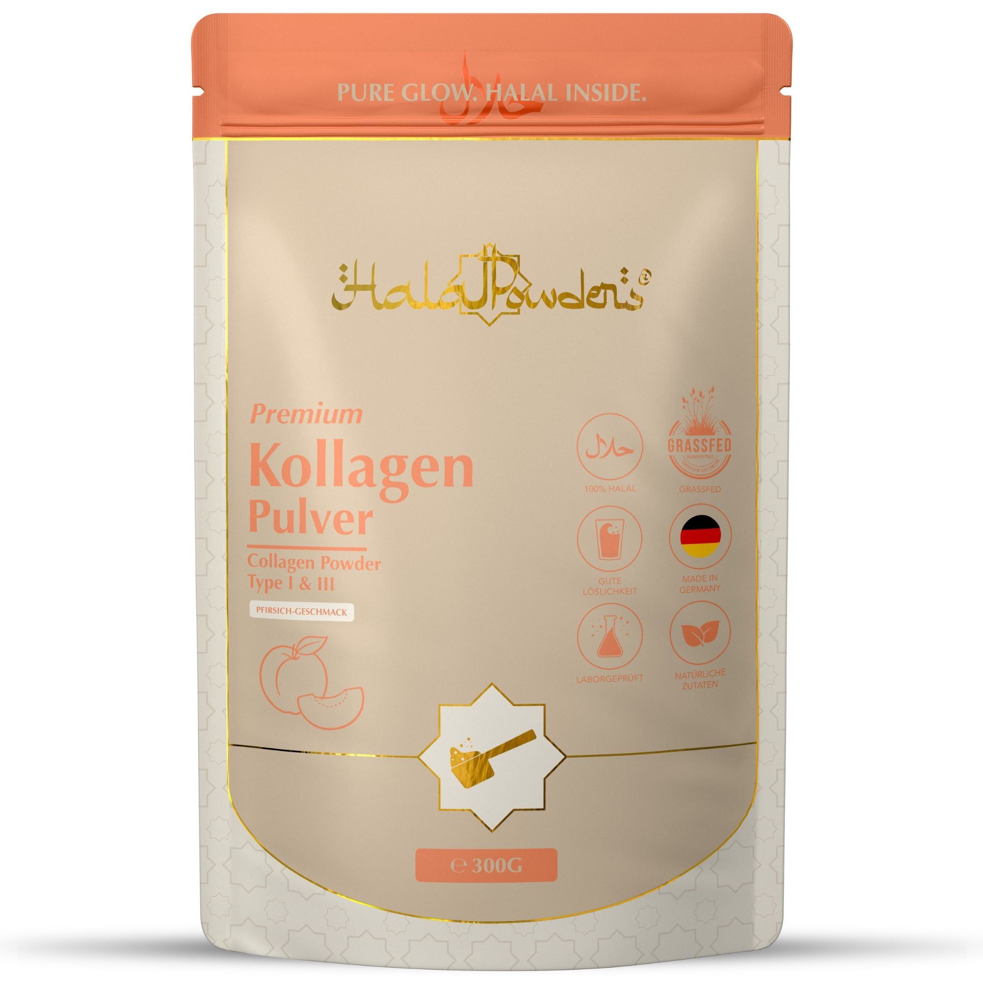 Packung Kollagen Pulver Pfirsich mit Pfirsichen, zertifiziert als Halal und Made in Germany.
