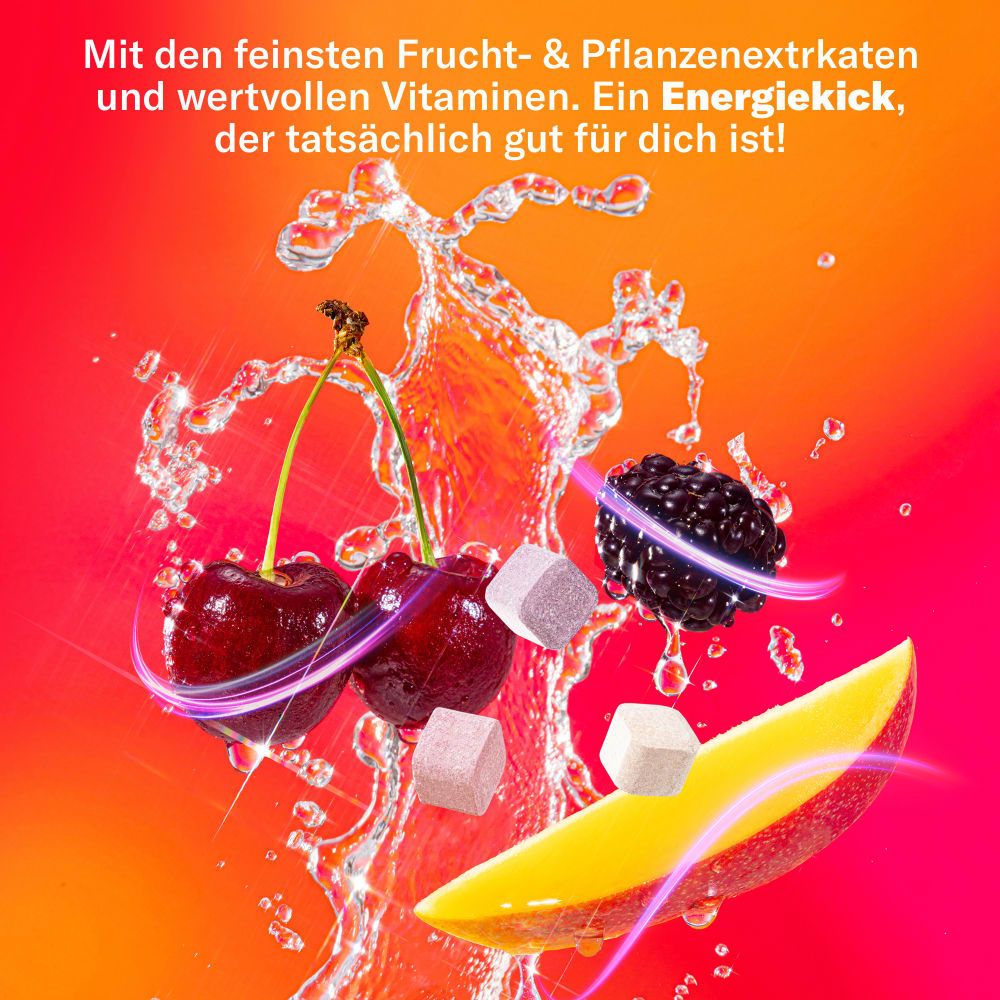 Packung 'Mango Boost' von waterdrop® mit Mangoscheiben und dem Schriftzug 'Ohne Zucker'.