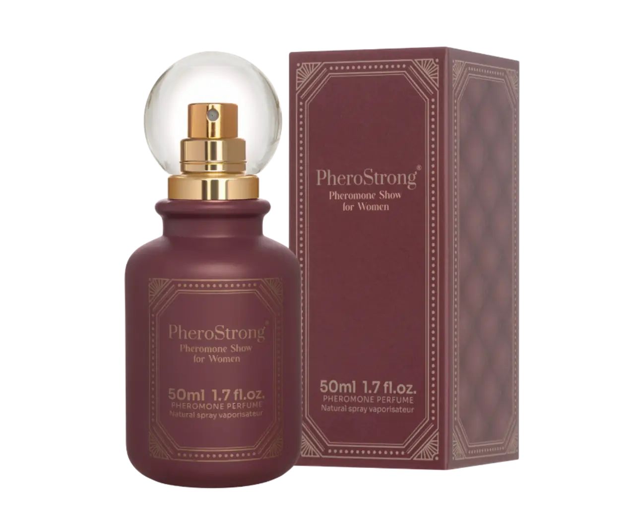 PheroStrong Pheromone Show für Frauen, Flasche und Verpackung. Bordeauxfarben, goldfarbener Zerstäuber, transparente Kappe.