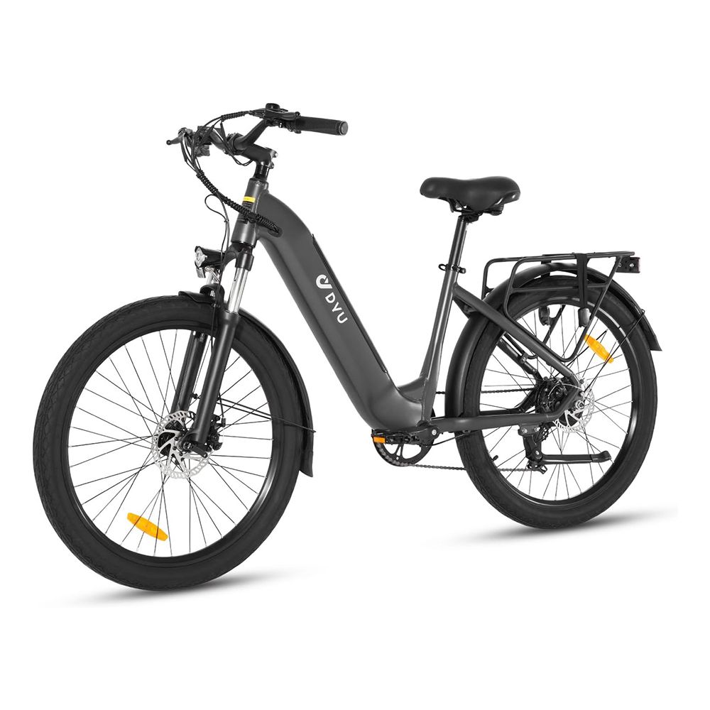 Graues Elektrofahrrad DYU C1. Schwarze Reifen, Gepäckträger, Schutzbleche. Gelbe Reflektoren. DYU-Logo.