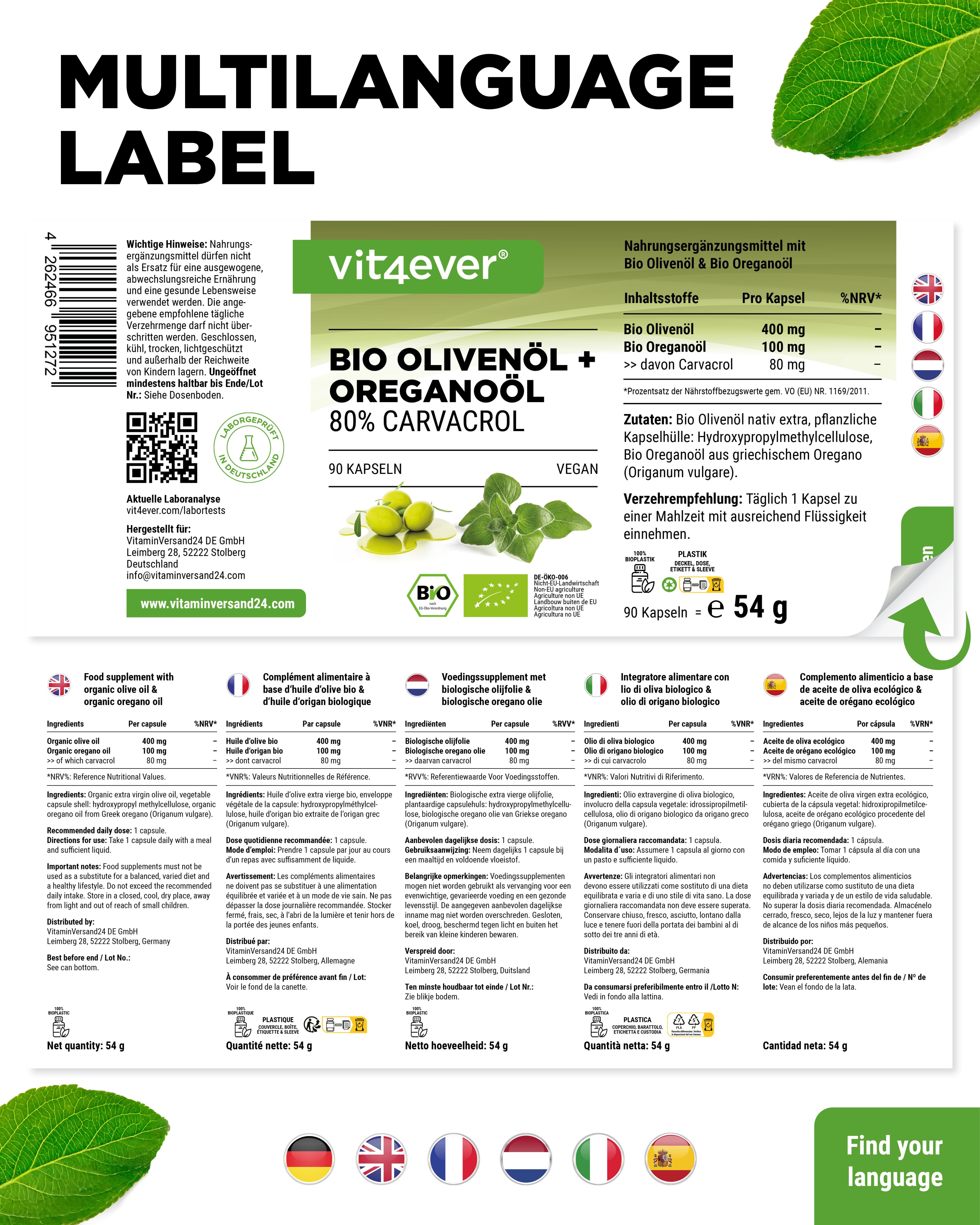 Flasche Bio Olivenöl + Oreganoöl. 80% Carvacrol. 90 Kapseln. Vegan. Mehrsprachiges Etikett. Text: Find your language.