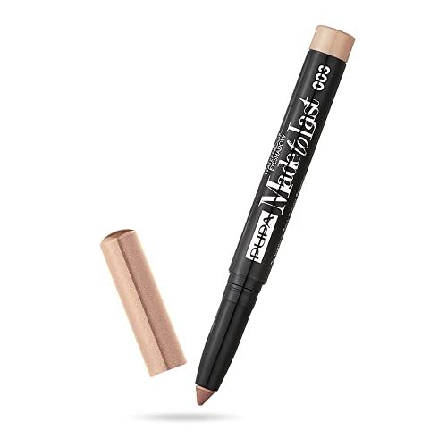 Lidschattenstift mit geöffneter Kappe. Schwarzer Stift mit Produktnamen und Farbnummer. Beige-braune Farbe.