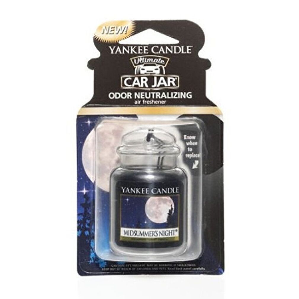 Lufterfrischer im Glasbehälter mit Aufhängung. Verpackt in Blisterverpackung. Aufschrift: Yankee Candle, Midsummers Night.