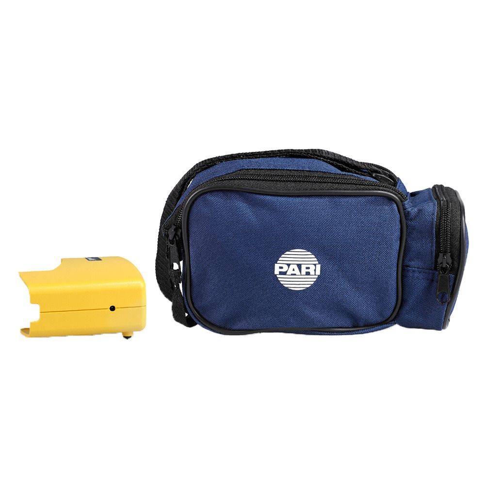 Blau-schwarze Tragetasche mit PARI-Logo und gelbes Gerät. Tasche mit Reißverschluss und Schulterriemen. Gerät mit abgerundeten Ecken.