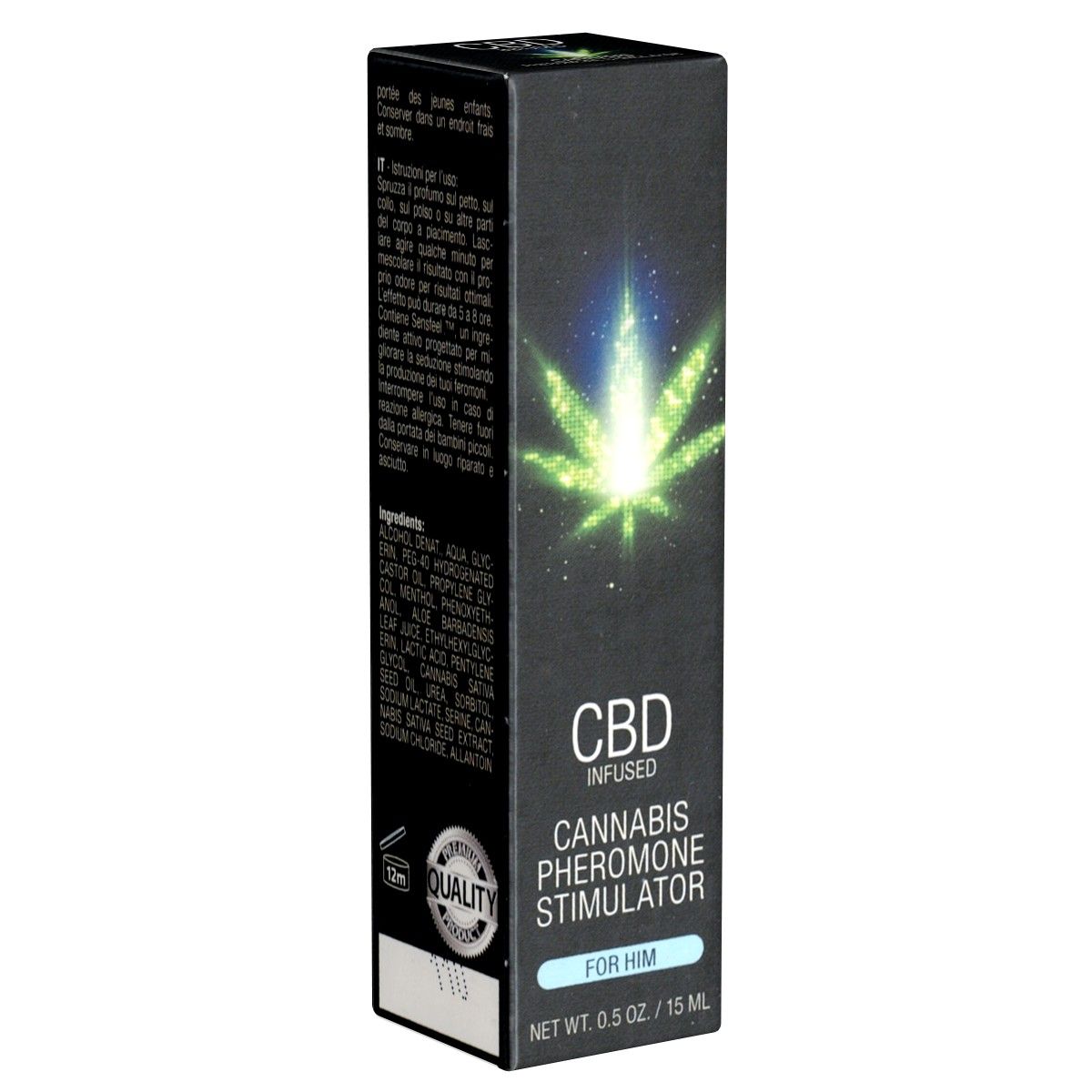 Schwarze Verpackung mit CBD-Infusion. Cannabis Pheromon Stimulator. Aufschrift: FOR HIM. Mit Qualitätszeichen und Inhaltsstoffen.