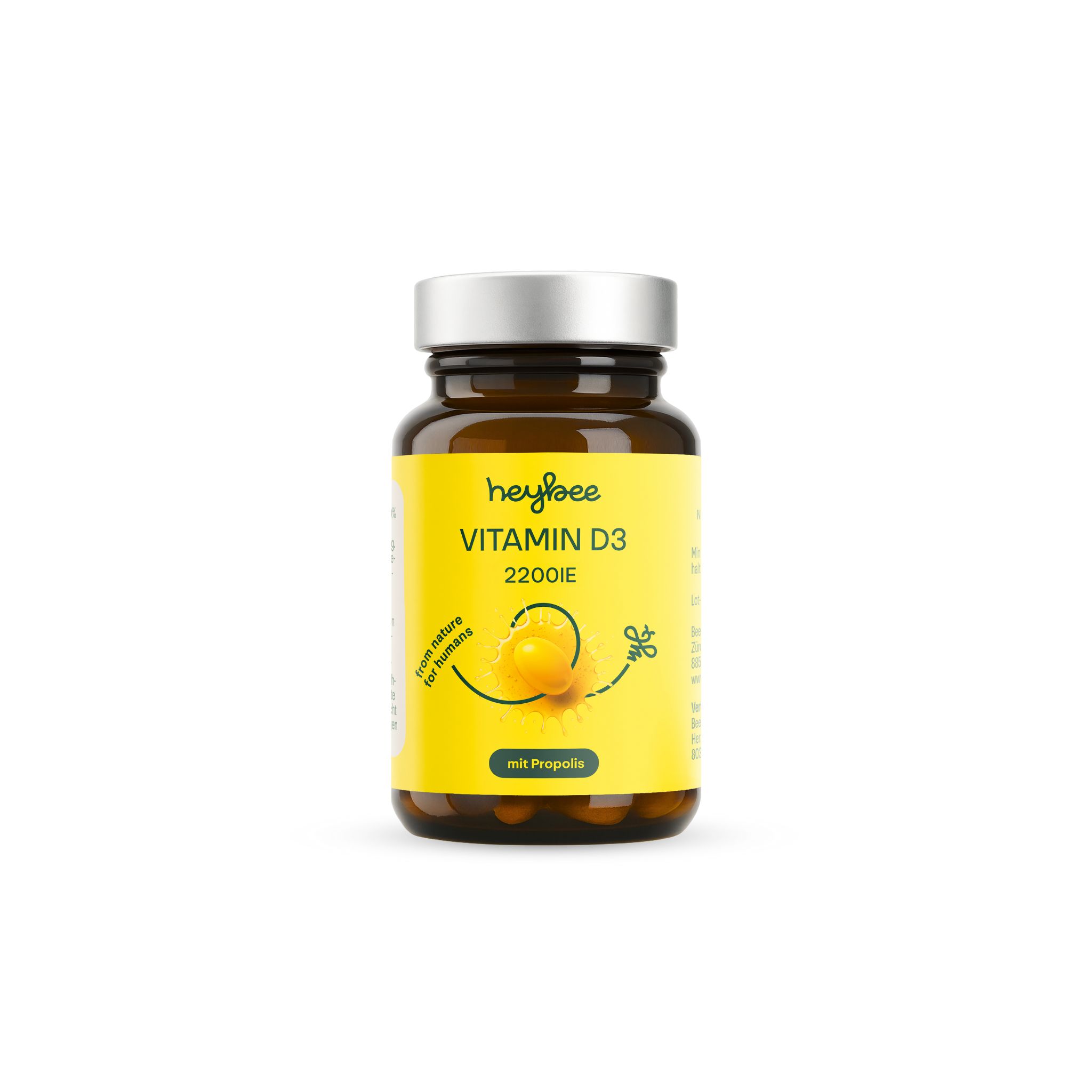 Braune Glasflasche mit gelbem Etikett. Aufschrift: Vitamin D3 2200 IE mit Propolis. Silberner Schraubverschluss.