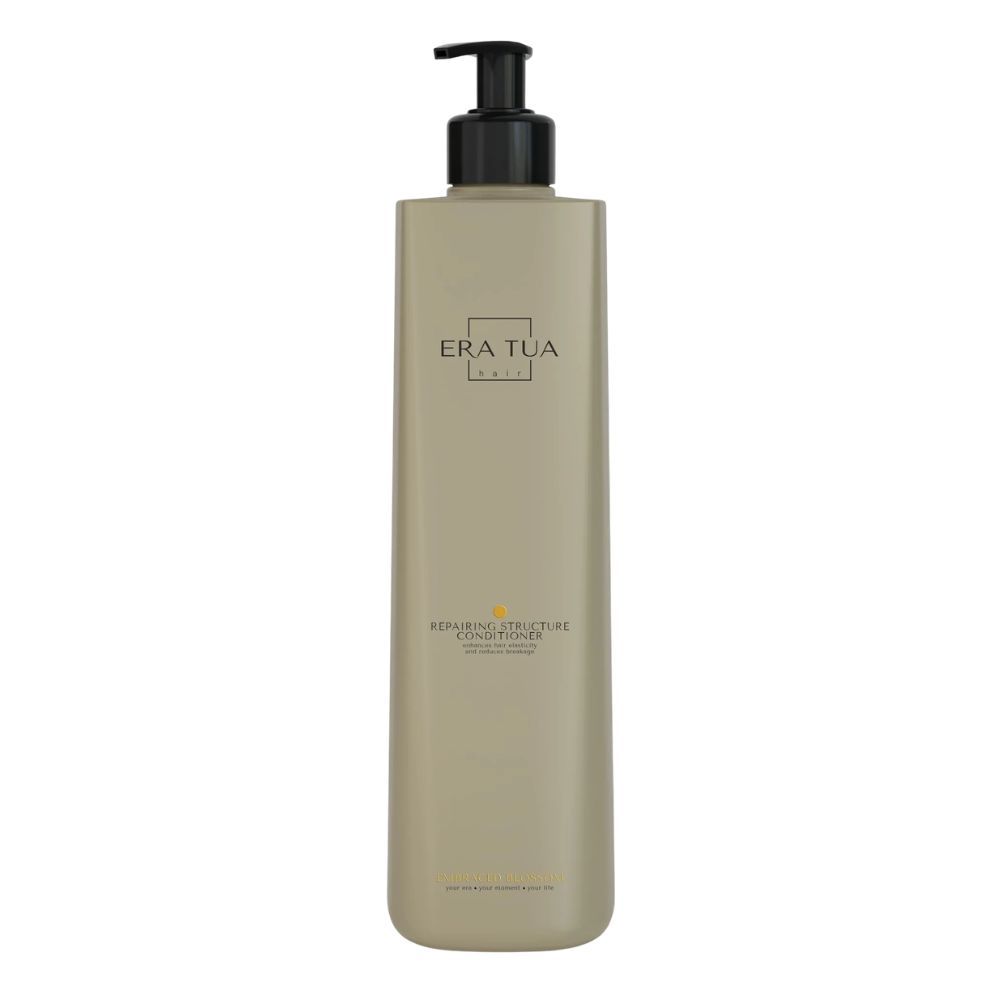 Hohe, beige Flasche mit schwarzem Pumpkopf. Text: ERA TUA, REPAIRING STRUCTURE CONDITIONER. Aufschrift unten.