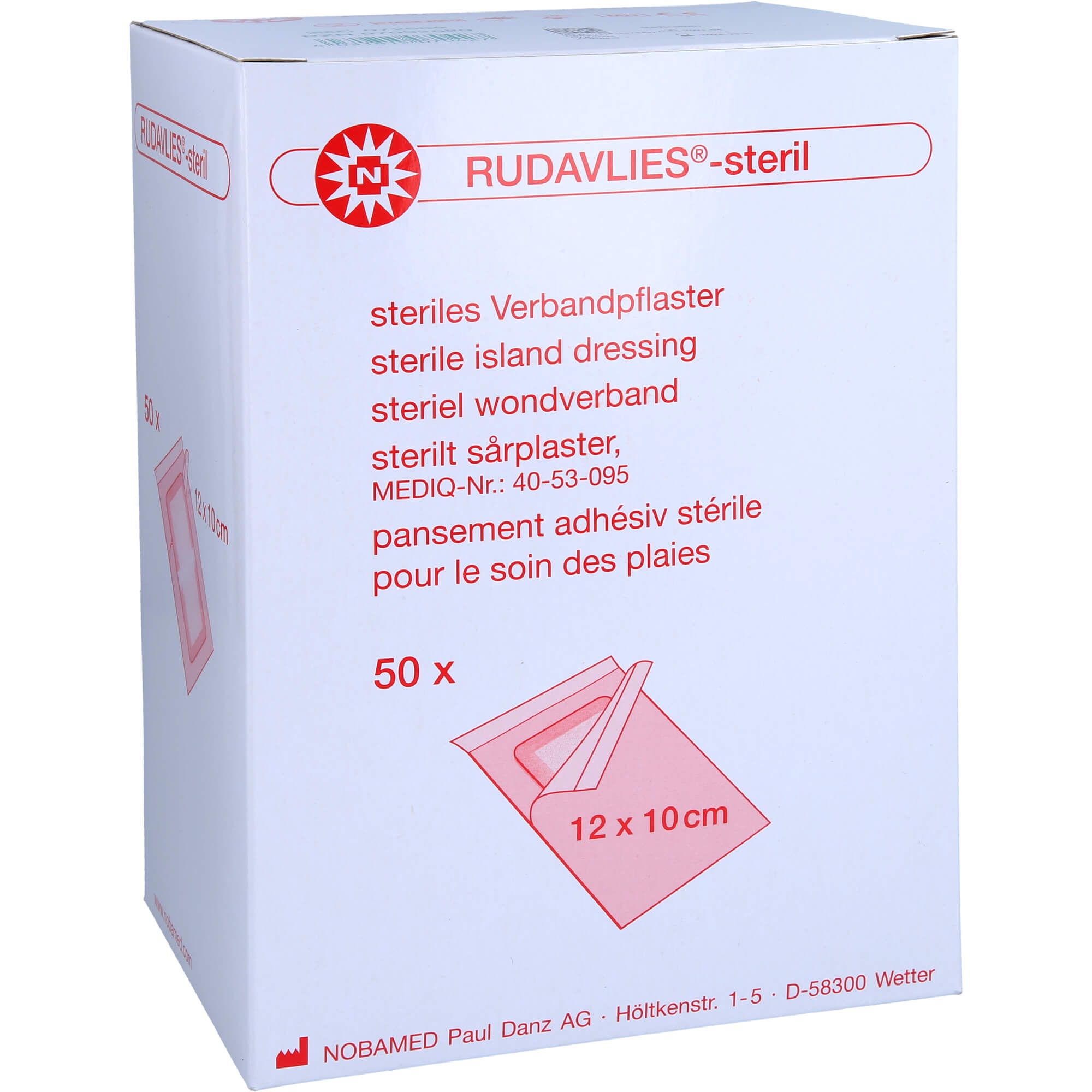 Weiße Verpackung mit rotem Logo und Produktbezeichnung. Text in Deutsch, Englisch, Niederländisch und Französisch. 50 Stück, 12 x 10 cm.