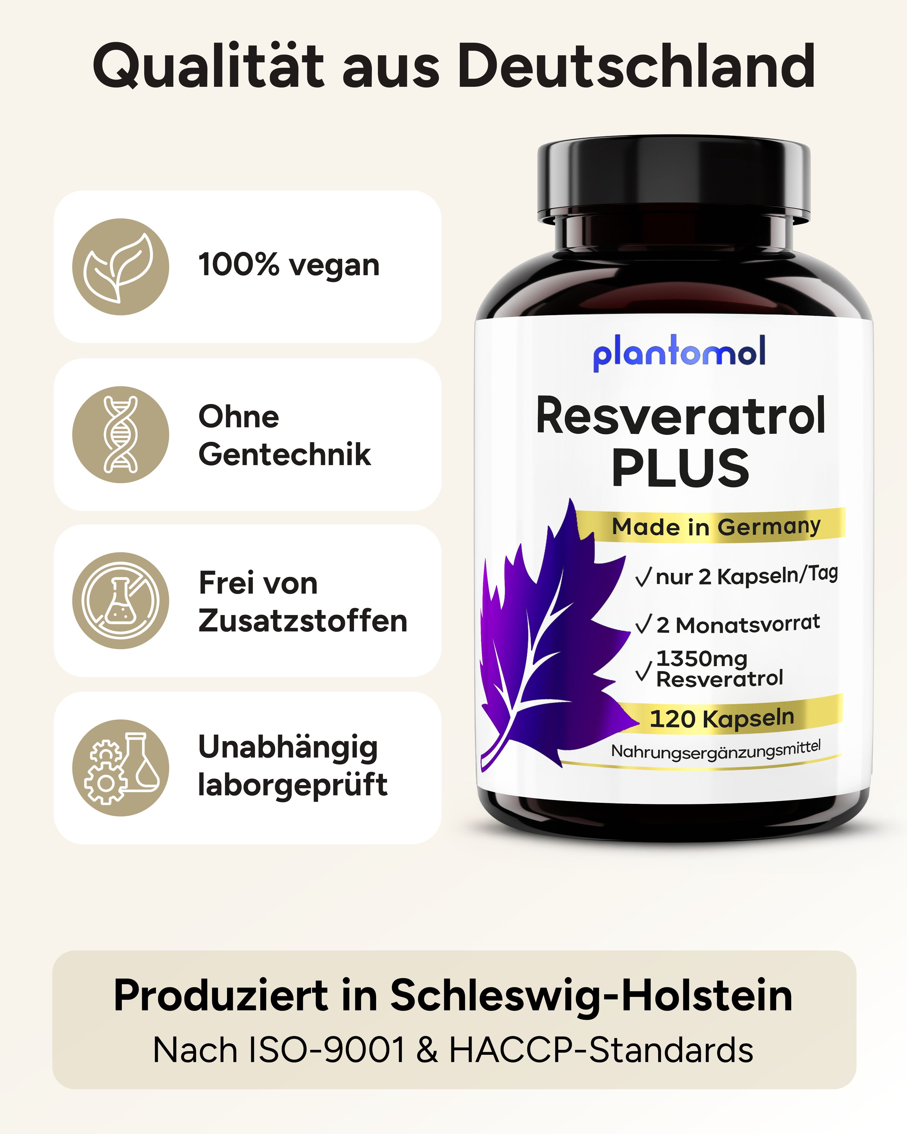 Schwarze Flasche plantomol® Resveratrol PLUS. 120 Kapseln. Made in Germany. 1350mg Resveratrol. Vegan, ohne Gentechnik.