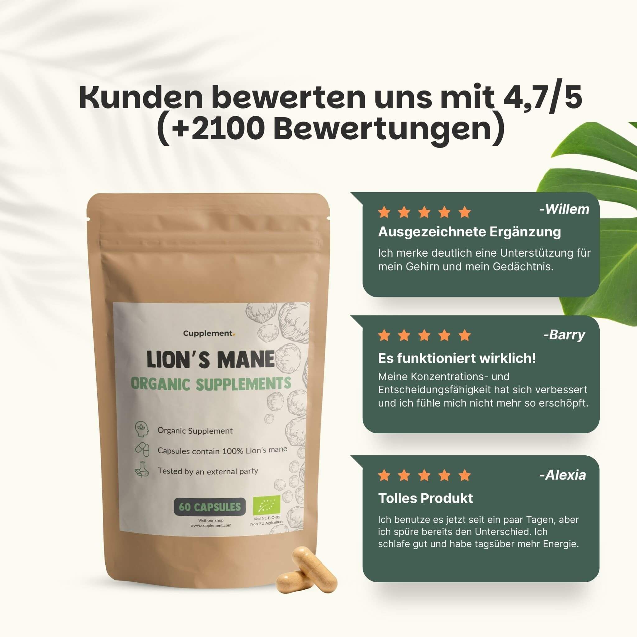 Beutel mit Kapseln. Text: Lion's Mane Organic Supplements. Kundenbewertung 4.7/5. Zitate von Kunden.