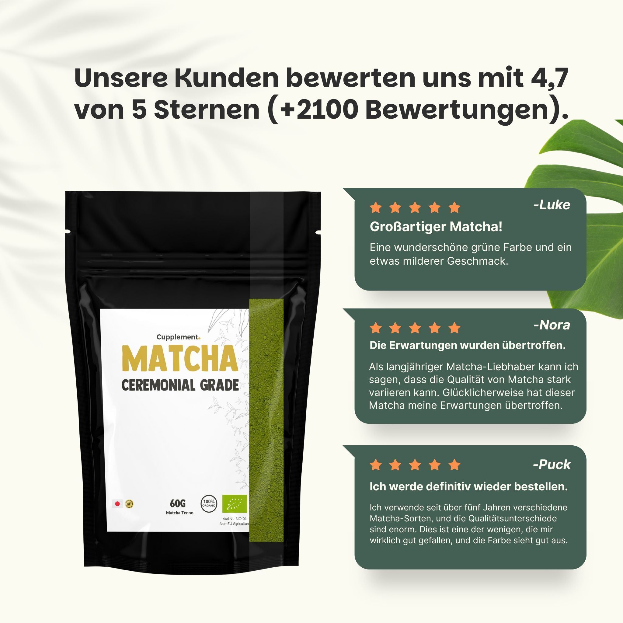 Schwarzer Beutel mit weißem Etikett. Text: Matcha, Zeremonienqualität, 60g. Kundenbewertungen mit Sternen.