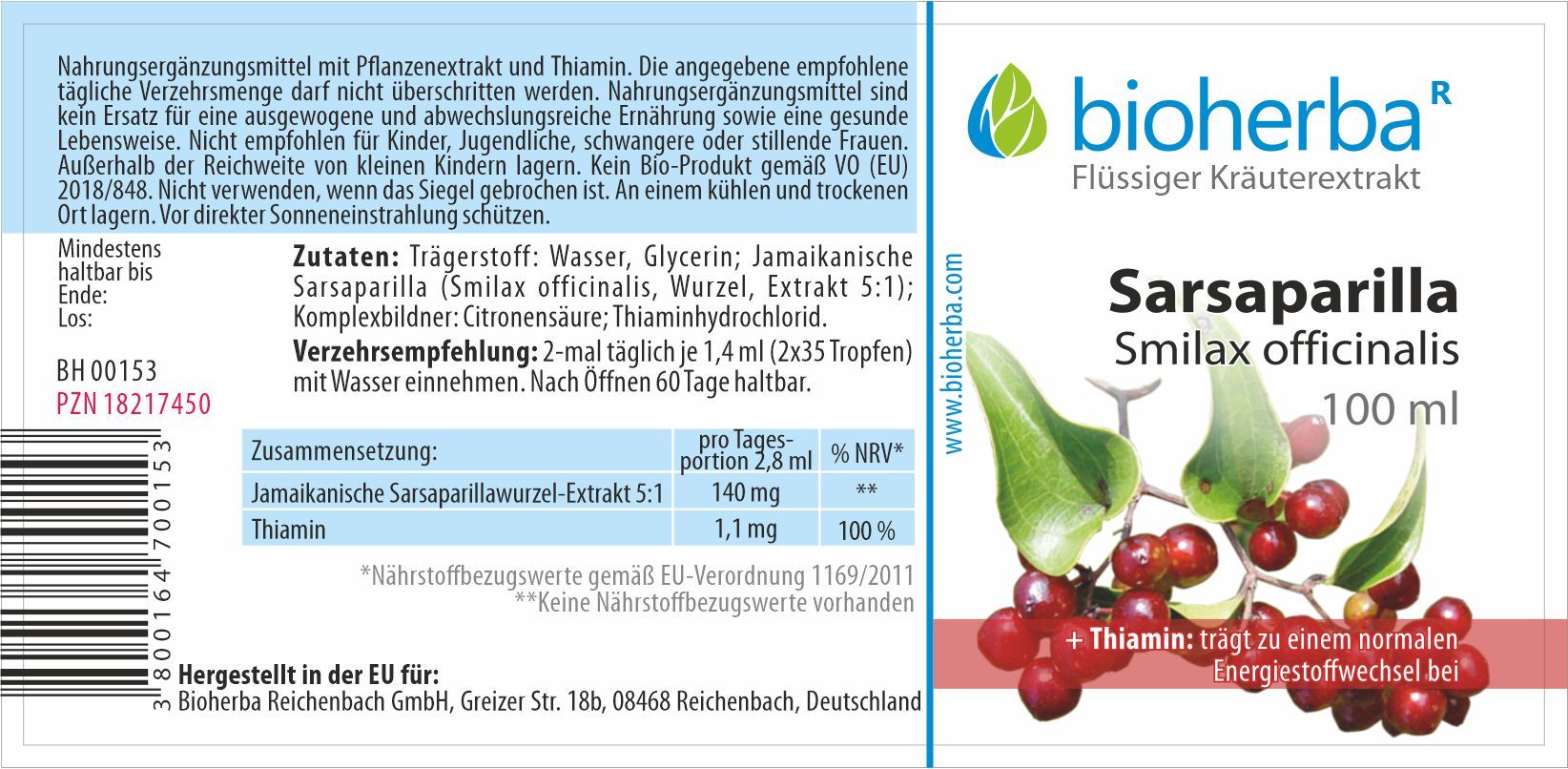 Etikett mit Produktinformationen. Bioherba Sarsaparilla Tinktur, 100 ml. Zutaten, Verzehrempfehlung, Nährwertangaben. Text in deutscher Sprache.