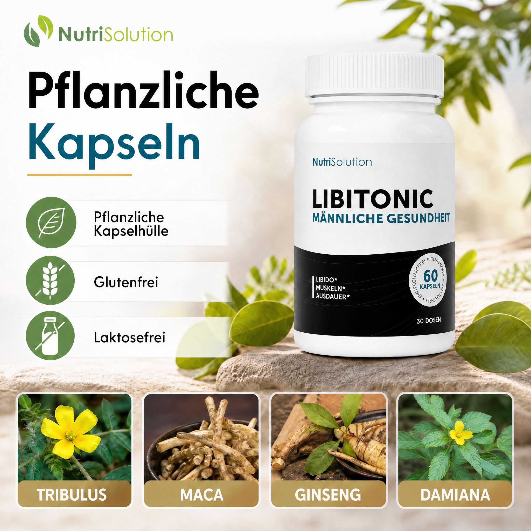 NutriSolution LibiTonic: Pflanzliche Kapseln, gluten- und laktosefrei.