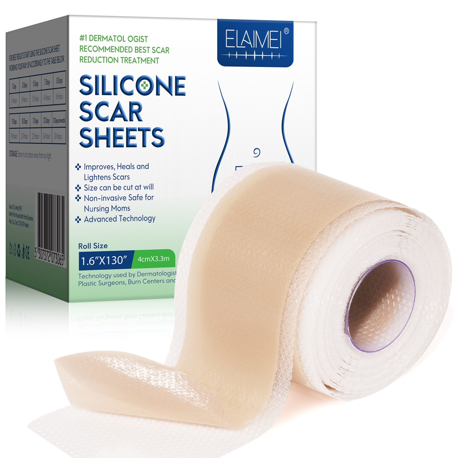 Rolle Silikonpflaster, beige. Verpackung mit Produktinformationen und Markennamen Elaimei.