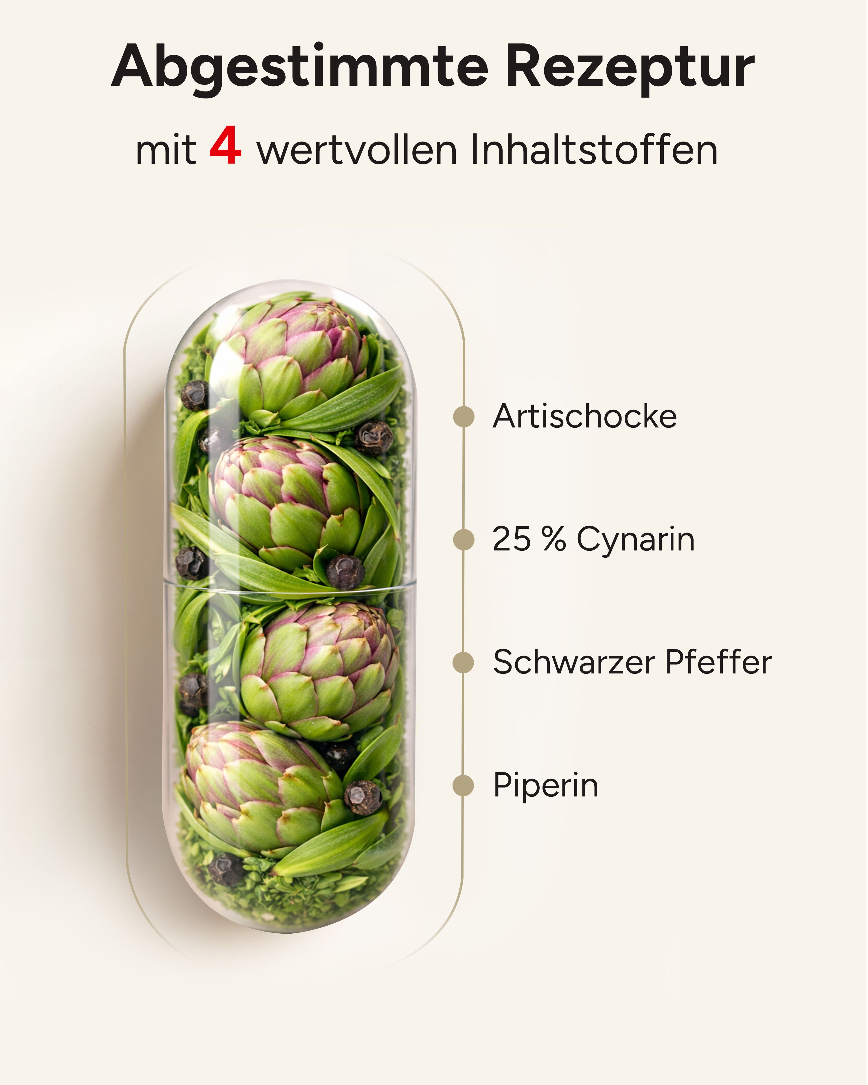 Kapsel-Illustration mit Artischocken, Cynarin, Pfeffer. Text: Abgestimmte Rezeptur mit 4 wertvollen Inhaltsstoffen.