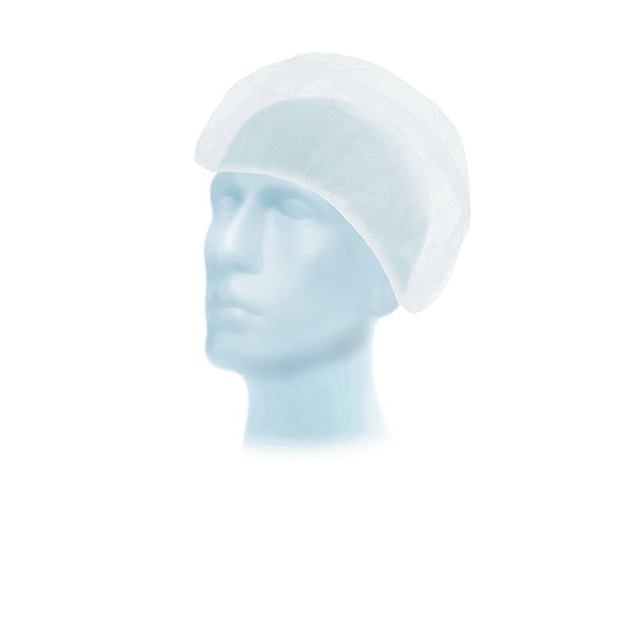 Weiße Haube auf einem blauen Kopf. Material scheint leicht und durchsichtig zu sein.