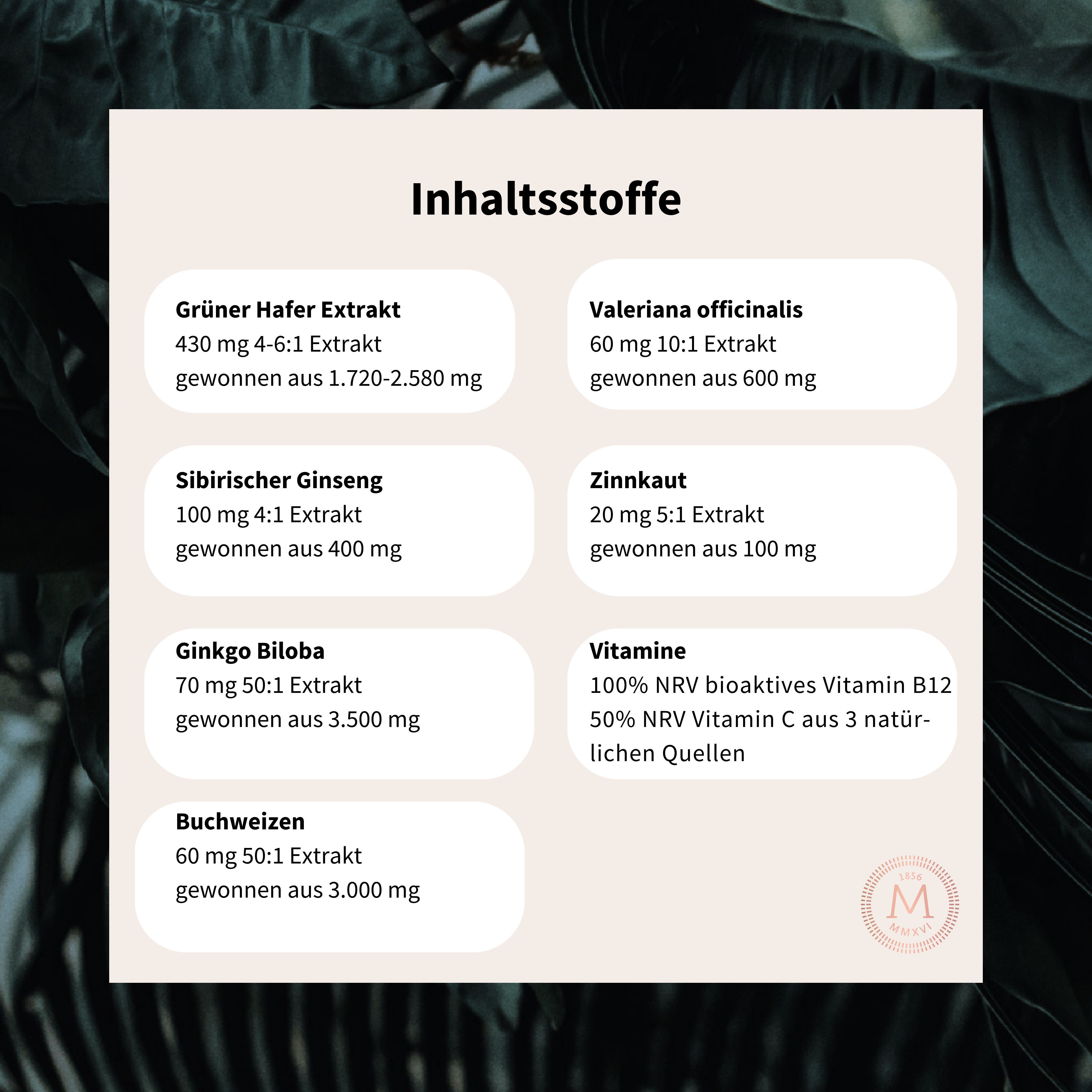 Inhaltsstoffe-Tabelle. Grüne Hafer Extrakt, Sibirischer Ginseng, Ginkgo Biloba, Buchweizen, Valeriana officinalis, Zinnkraut, Vitamine.