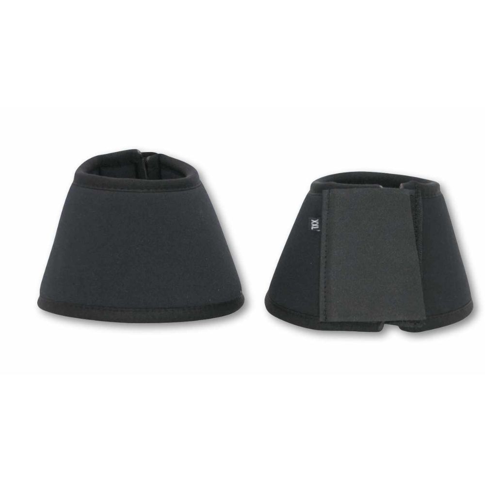 Zwei schwarze Hufglocken. Kegelförmig, aus Neopren mit Klettverschluss. Größe XXL.