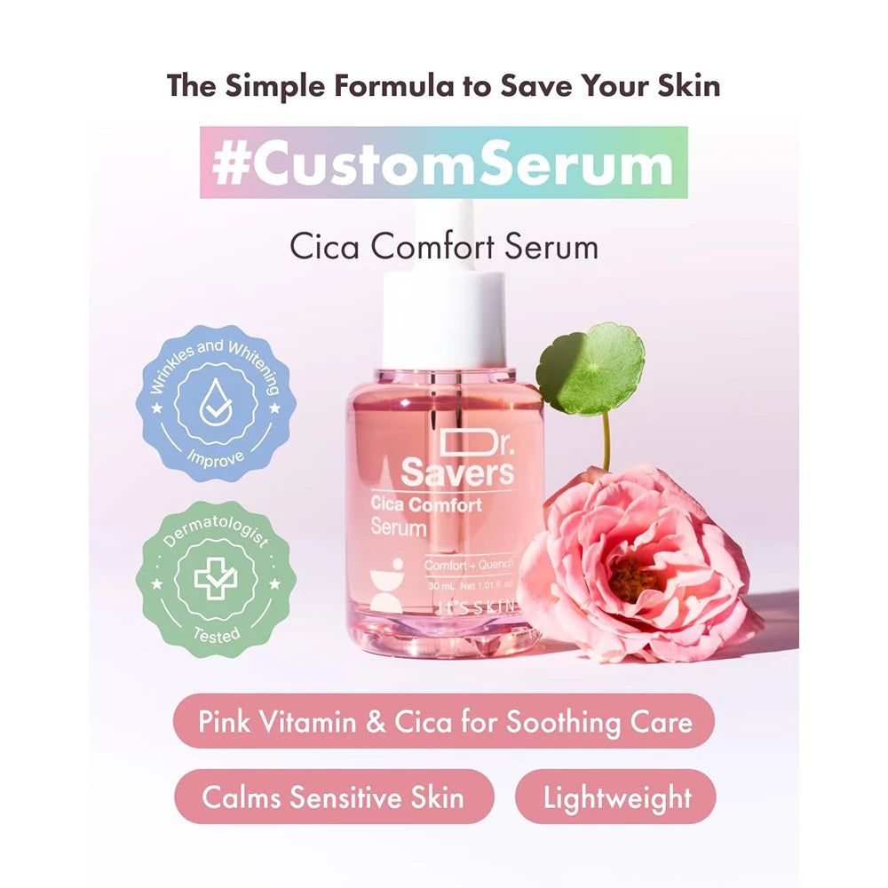 Rosa Serumflasche, Rose und Blätter. Text: Dr. Savers Cica Comfort Serum. Dermatologisch getestet.