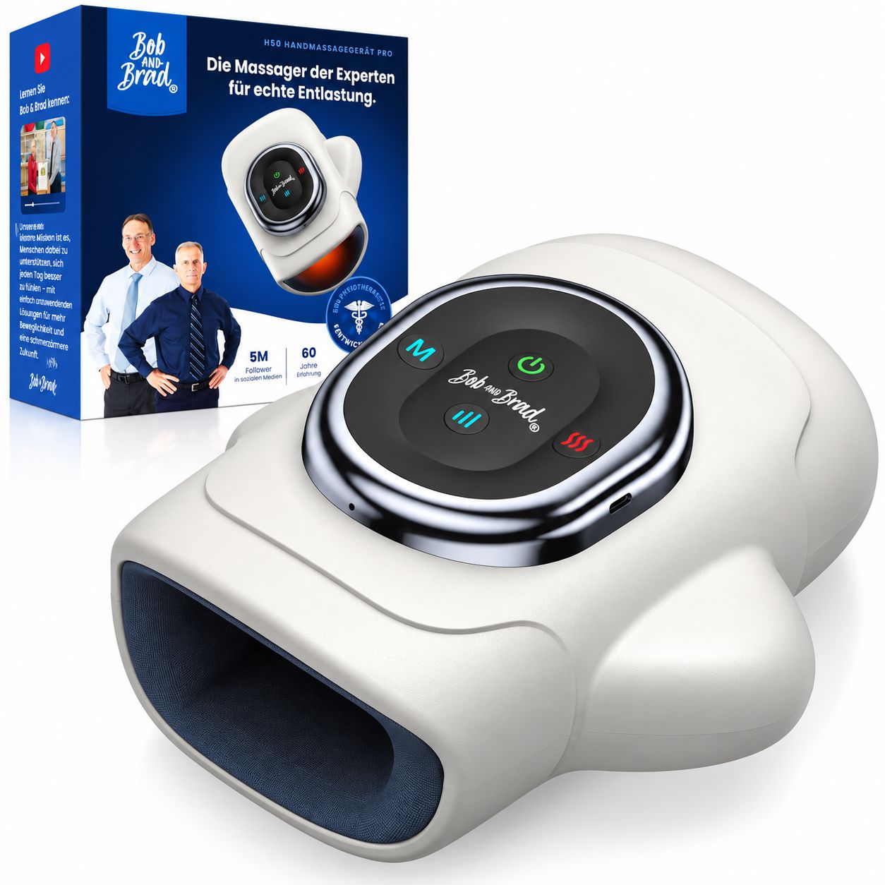 Elektrisches Handmassagegerät mit Bedienfeld und Ladeanschluss.