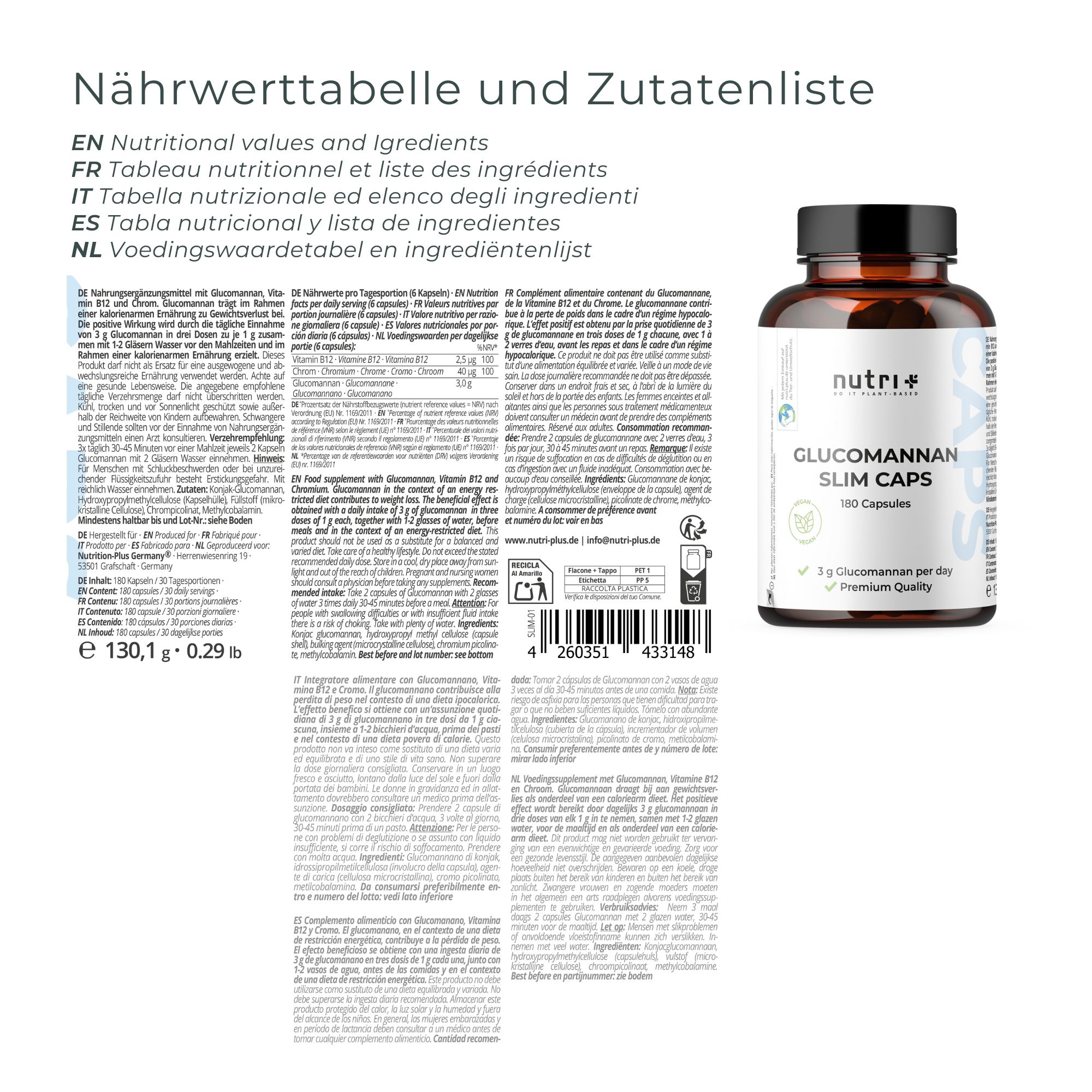 Nährwerttabelle und Zutatenliste. Text in Deutsch, Englisch, Französisch, Italienisch und Niederländisch. Flasche mit Kapseln.