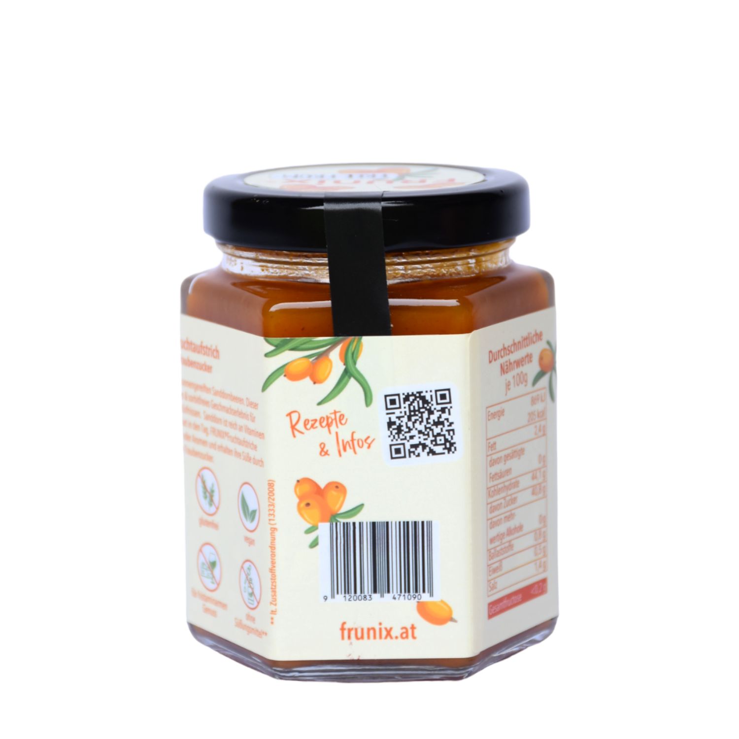 Glas mit Sanddorn-Fruchtaufstrich. Rückseite mit Text, QR-Code und Nährwertangaben. Aufschrift: FRUNIX, Rezepte & Infos.