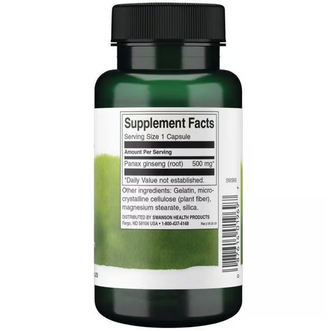 Rückseite einer grünen Flasche mit schwarzem Deckel. Aufschrift: Supplement Facts. Panax Ginseng (Wurzel) 500 mg.