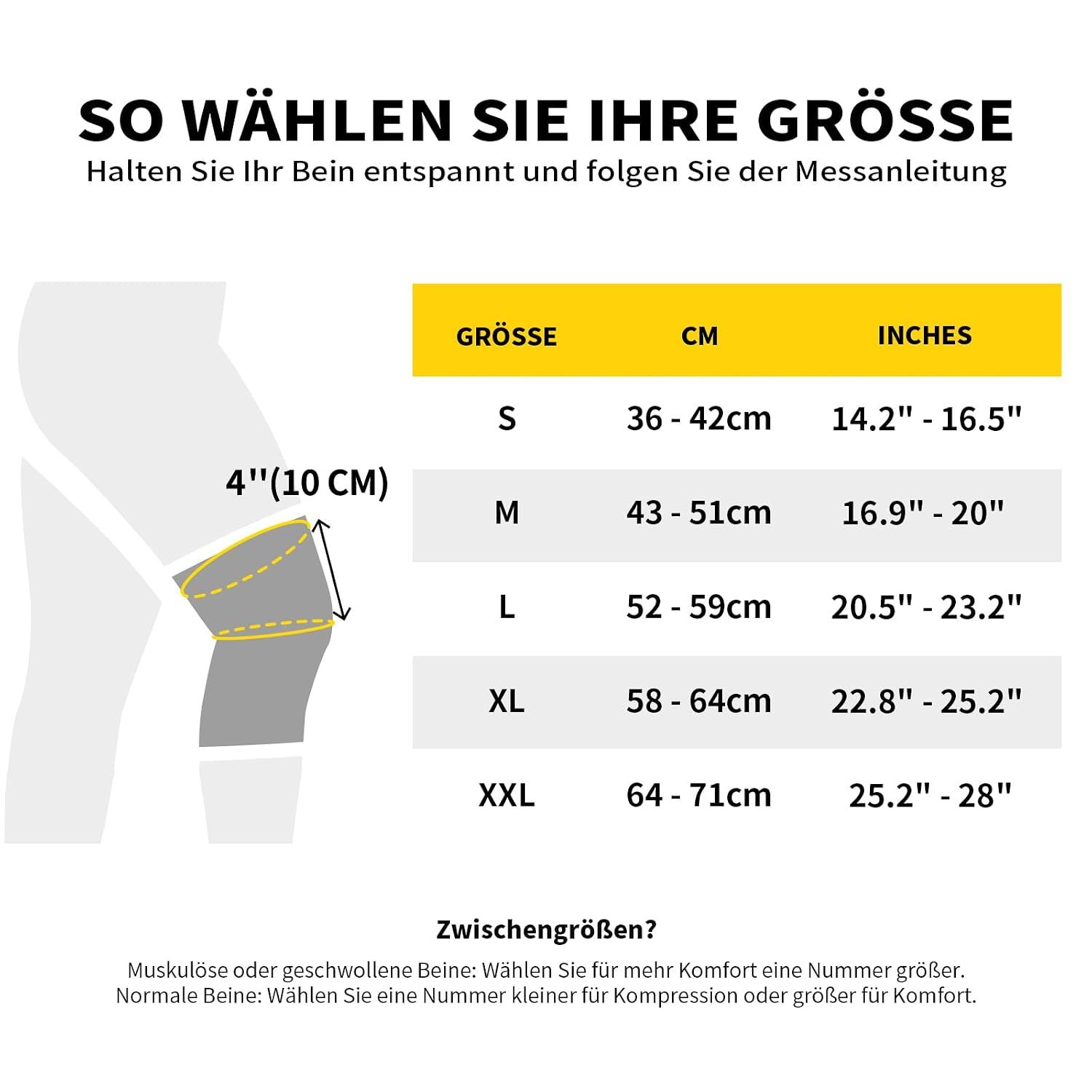 Größentabelle für Kniebandagen mit Maßen in cm und inches.