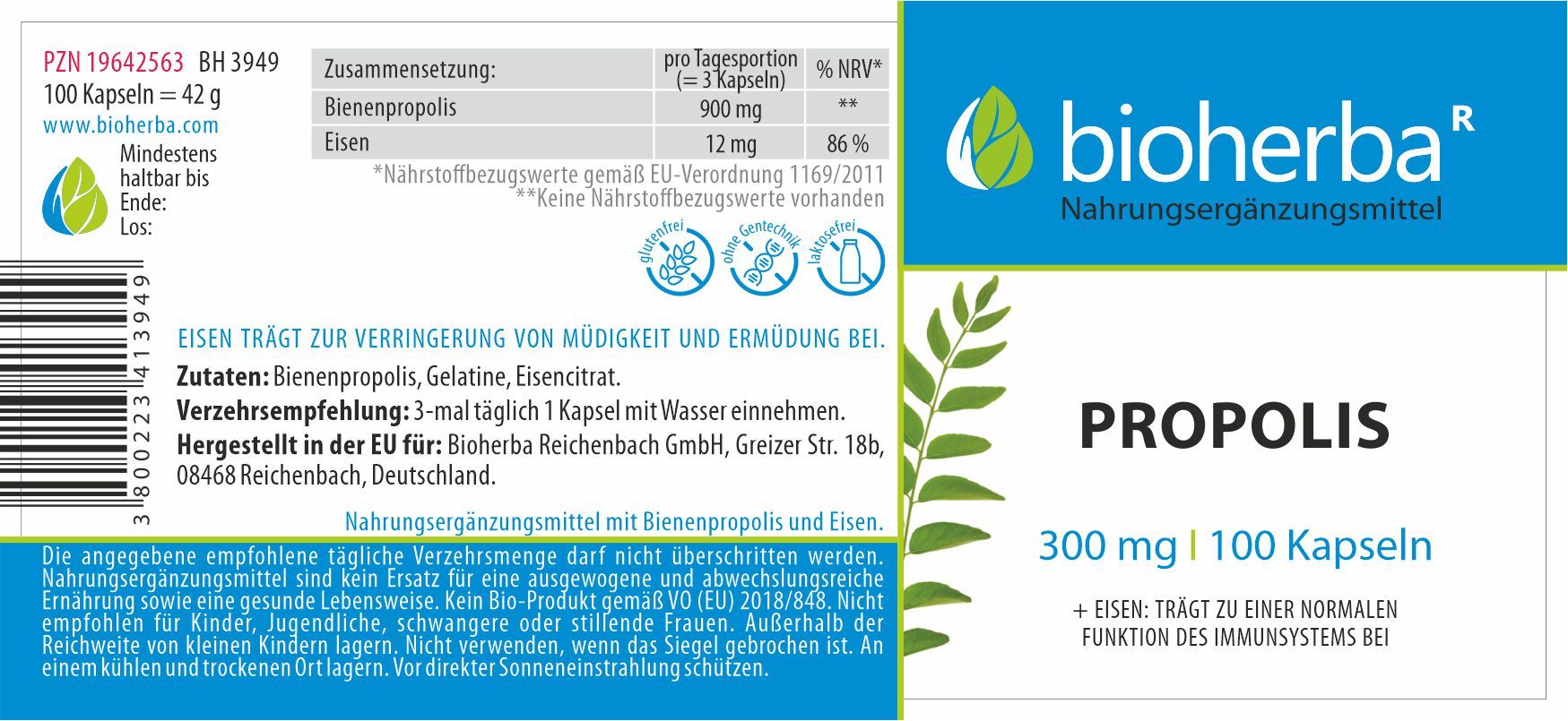 Bioherba Propolis Kapseln-Etikett. Enthält Informationen zu Inhaltsstoffen, Dosierung und Nährwerten. 100 Kapseln, 42g.