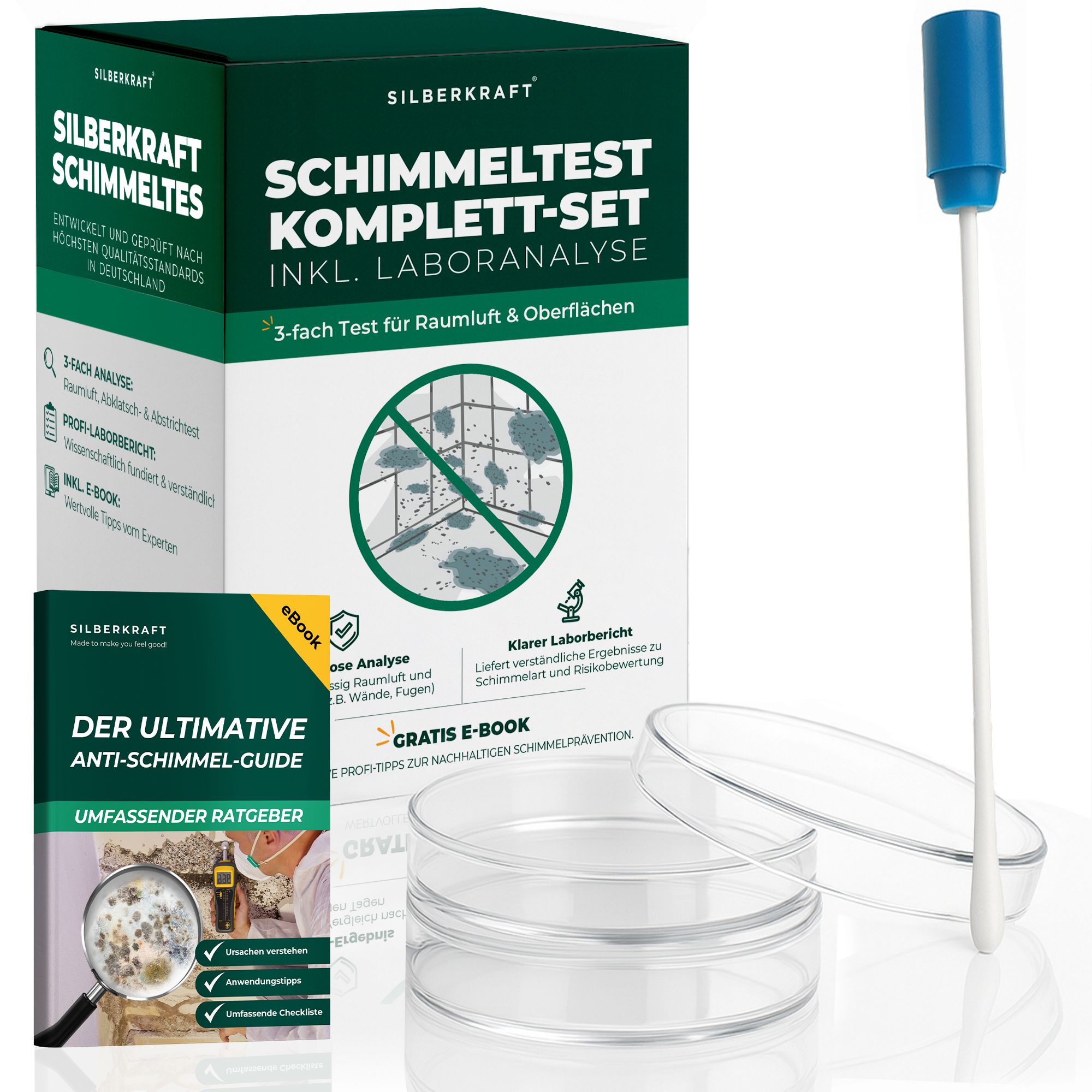 Produkt-Set: Schimmeltest Komplett-Set. Enthält: Box, eBook, Petrischalen, Wattestäbchen. Text: Silberkraft, Schimmeltest.