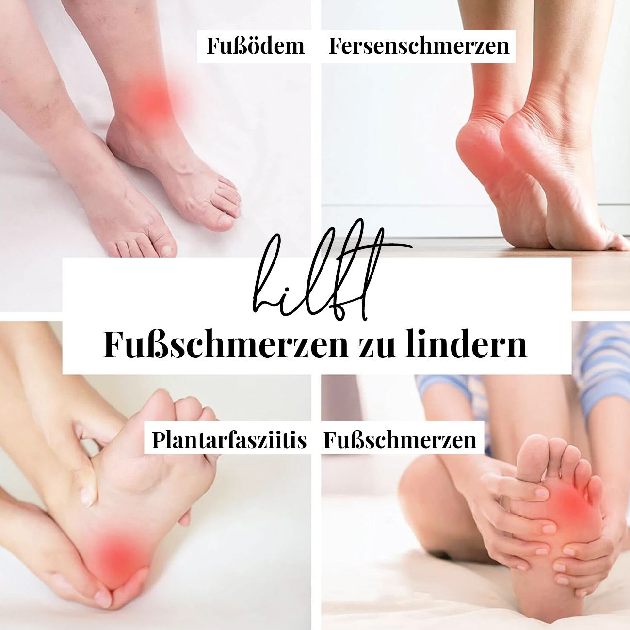 Bilder von Füßen mit Schmerzen. Text: Hilft Fußschmerzen zu lindern. Bilder: Fußböden, Fersenschmerzen, Plantarfasziitis, Fußschmerzen.