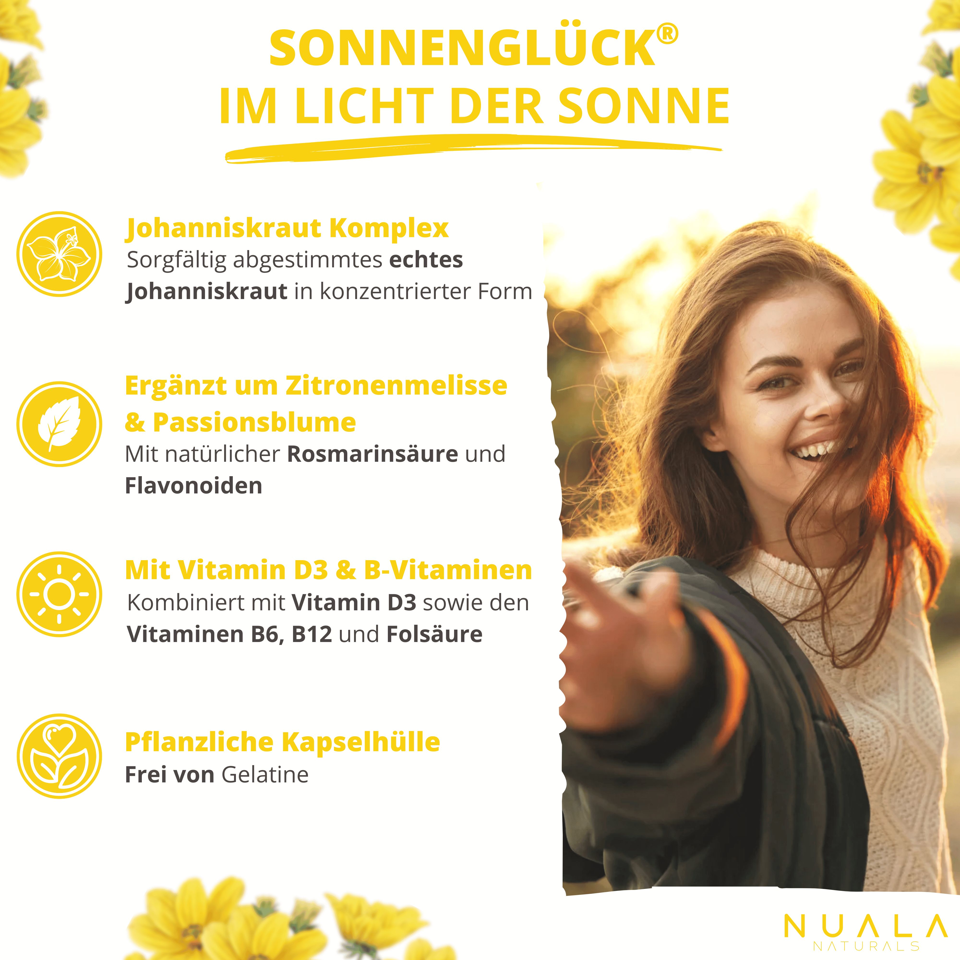 Frau lächelt. Text: SONNENGLÜCK, Johanniskraut Komplex, ergänzt mit Zitronenmelisse & Passionsblume, Vitamin D3 & B-Vitaminen, pflanzliche Kapselhülle.