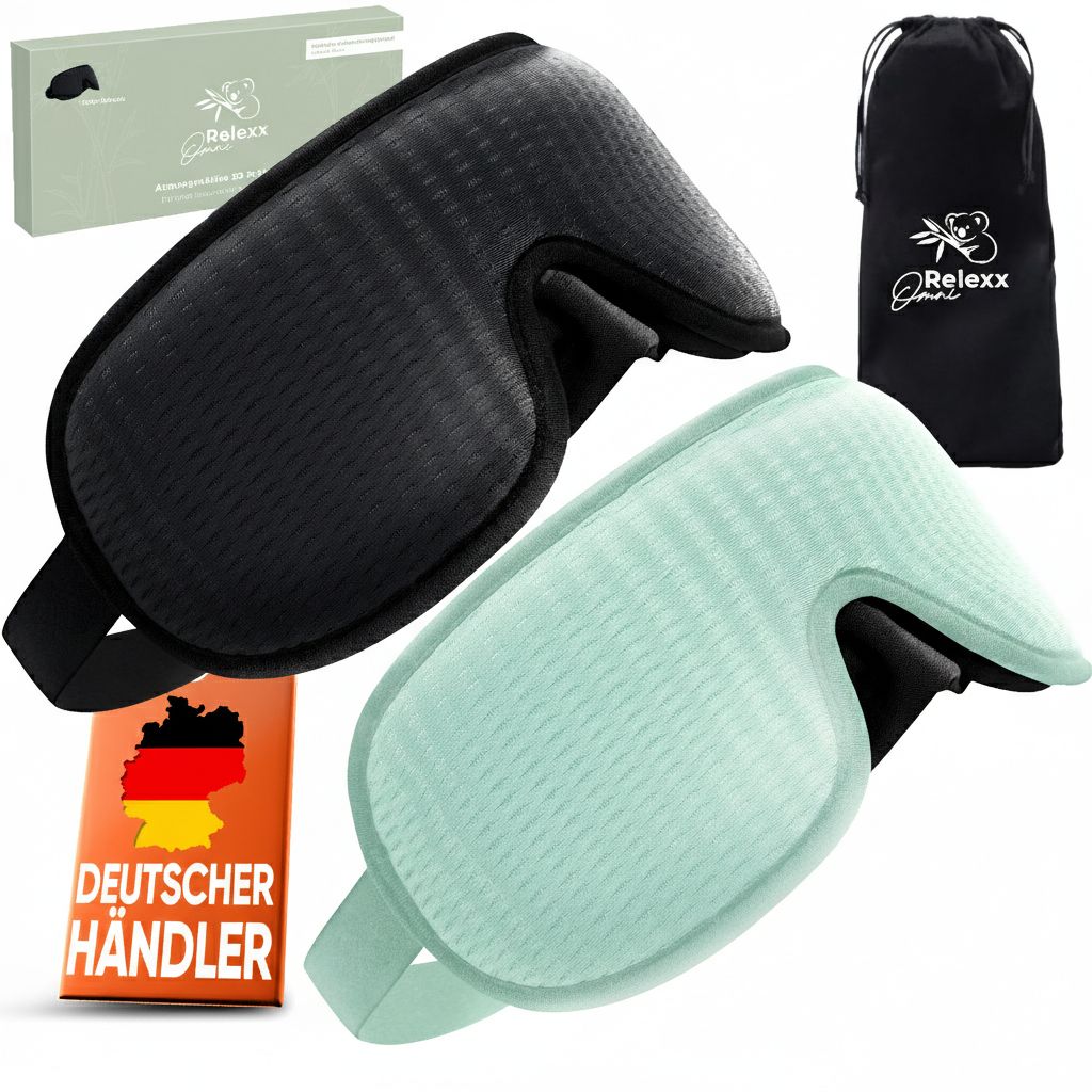 Zwei Schlafmasken, schwarz und türkis, mit Reisebeutel und Verpackung. Deutscher Händler.