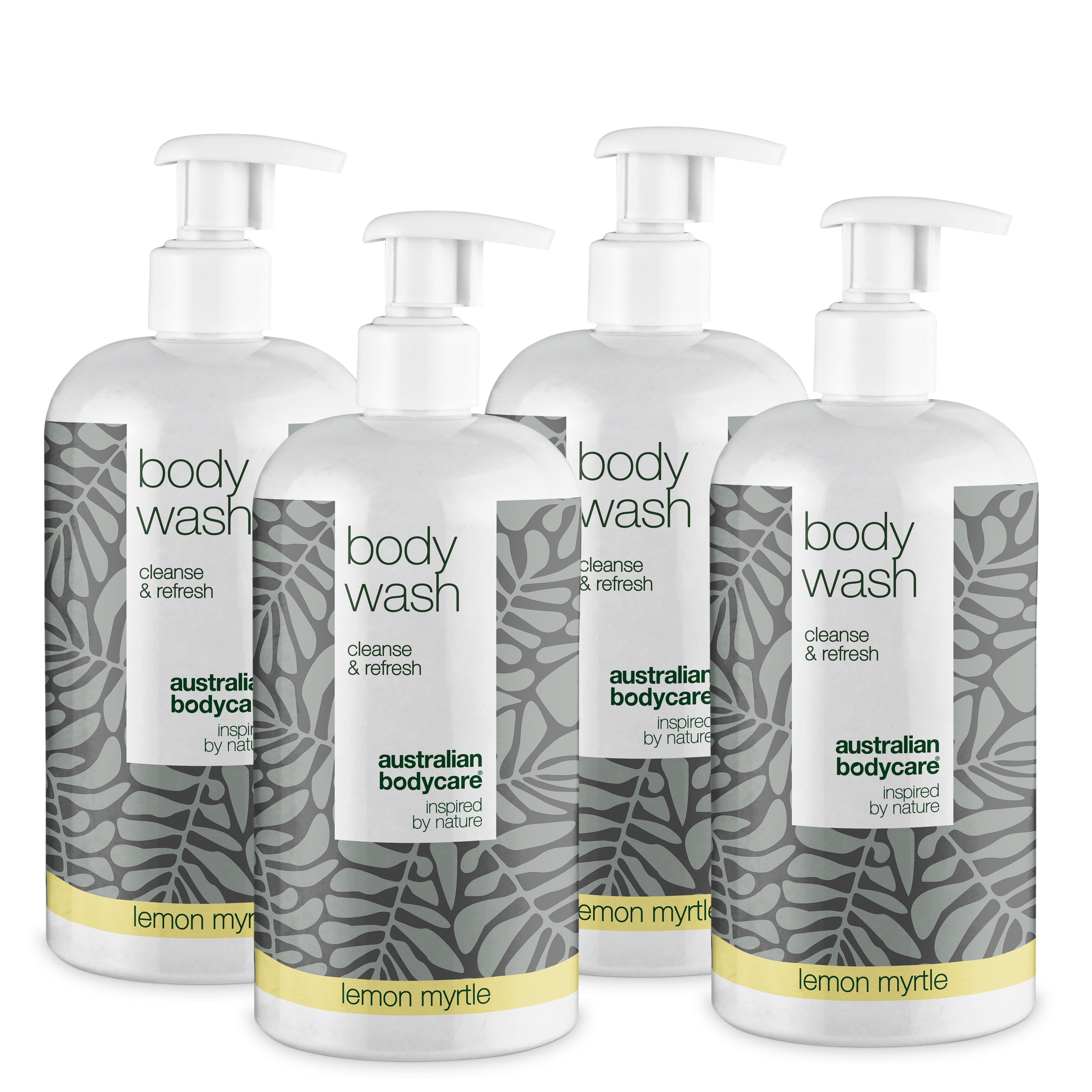Vier Flaschen Duschgel. Weiße Flaschen mit Pumpe, grauen Blättern und gelbem Streifen. Text: Body Wash, Lemon Myrtle.