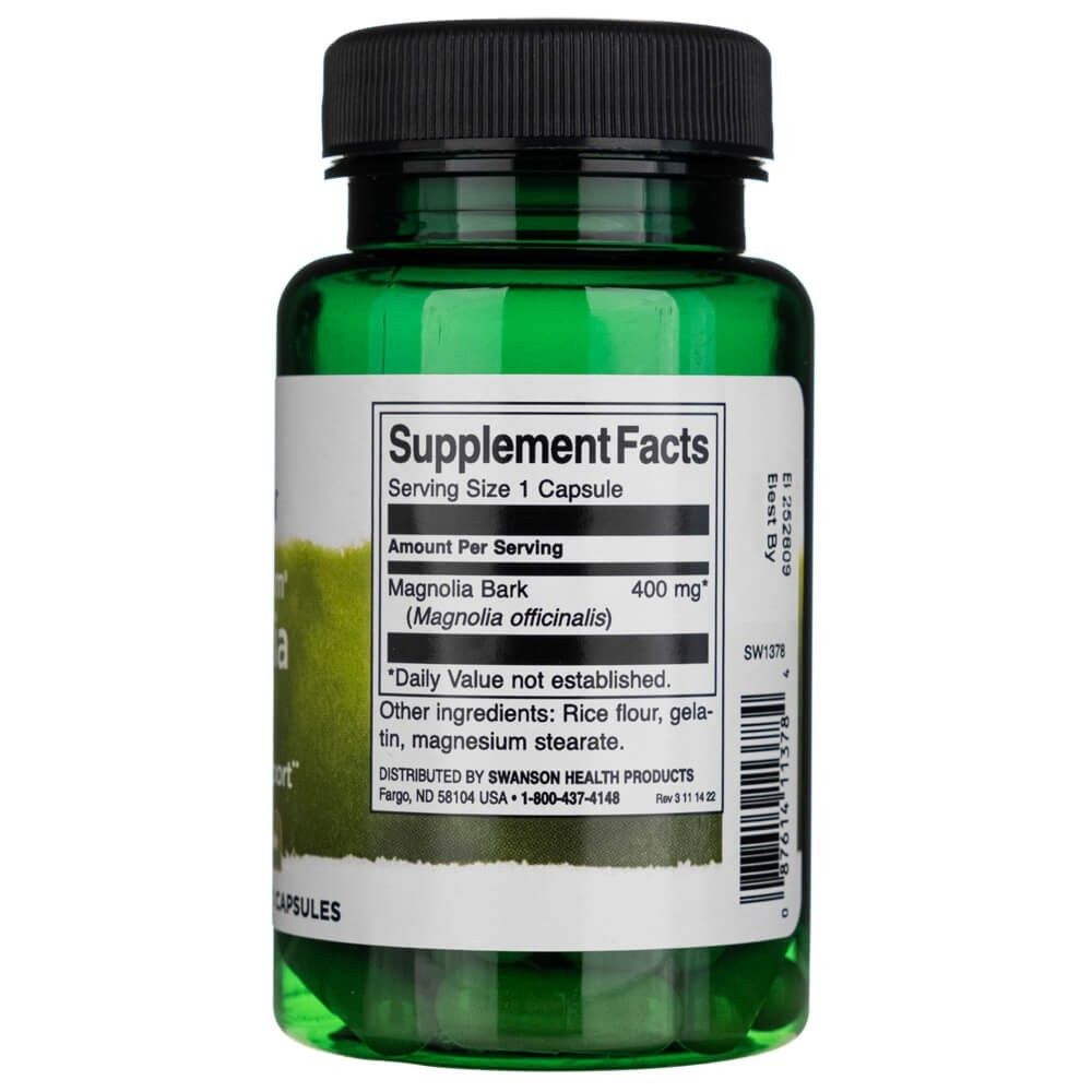 Rückseite einer Dose mit Swanson Magnolienrinde, Supplement Facts und Inhaltsstoffen.