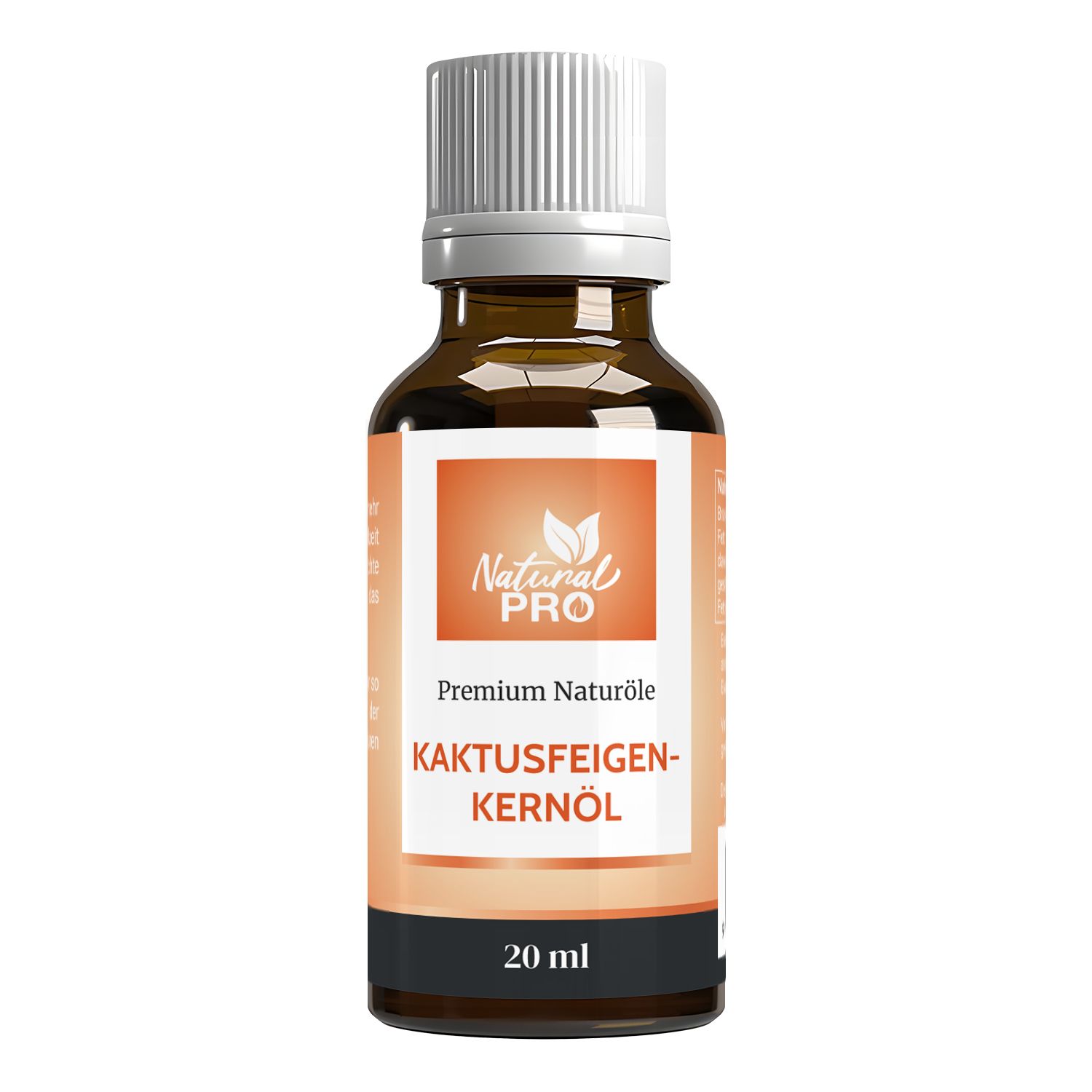 Braune Glasflasche mit weißem Deckel und Etikett. Aufschrift: Natural Pro, Kaktusfeigenkernöl, 20 ml.