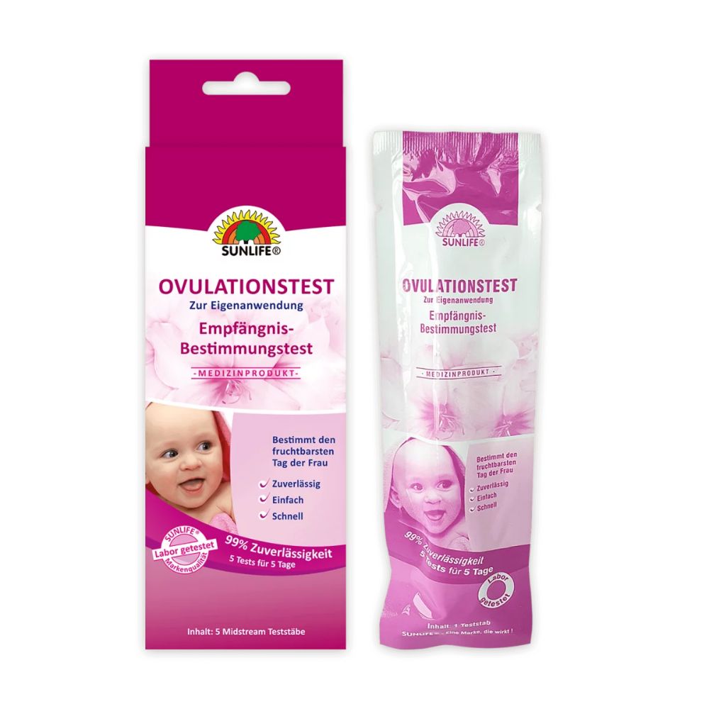 Sunlife Ovulationstest-Verpackung und einzeln verpackter Test. Rosa-weißes Design mit Produktnamen und Babyfoto. Enthält 5 Tests.