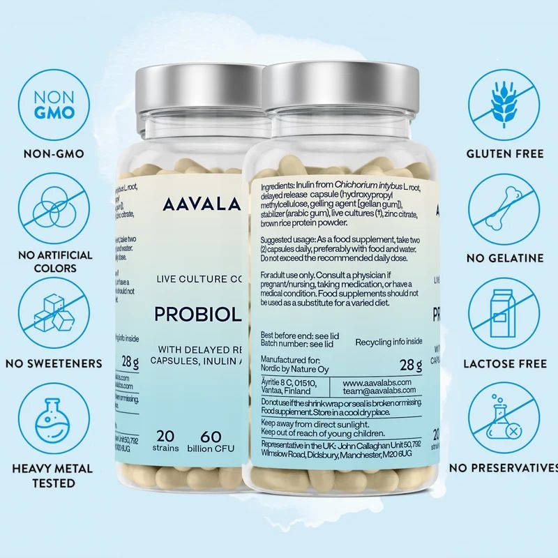 Flasche und Kartonverpackung von AAVALABS PROBIOLAC Probiotika-Kapseln.
