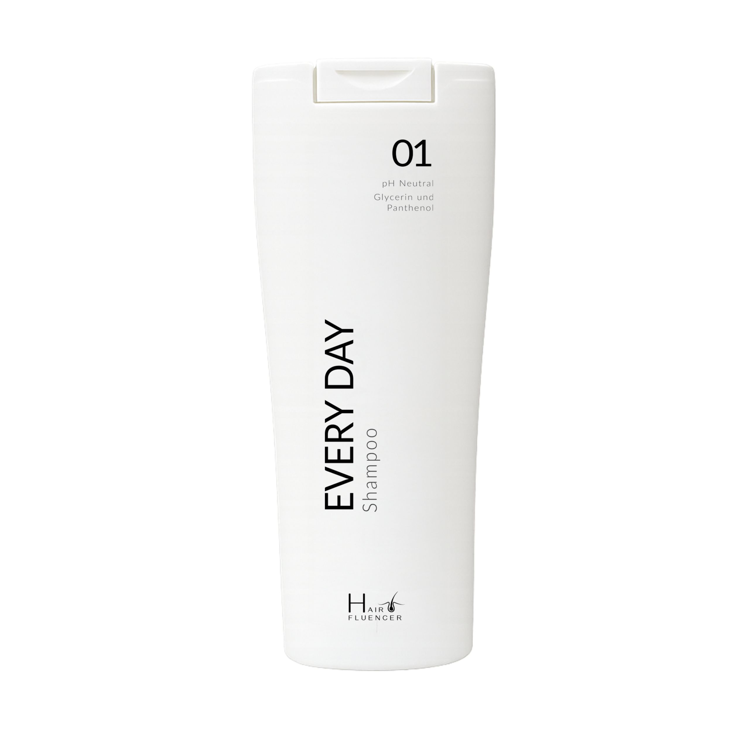 Weiße Shampoo-Flasche mit schwarzem Text: EVERY DAY Shampoo. Oben: 01. pH-neutral, Glycerin, Panthenol. Marke: Hairfluencer.