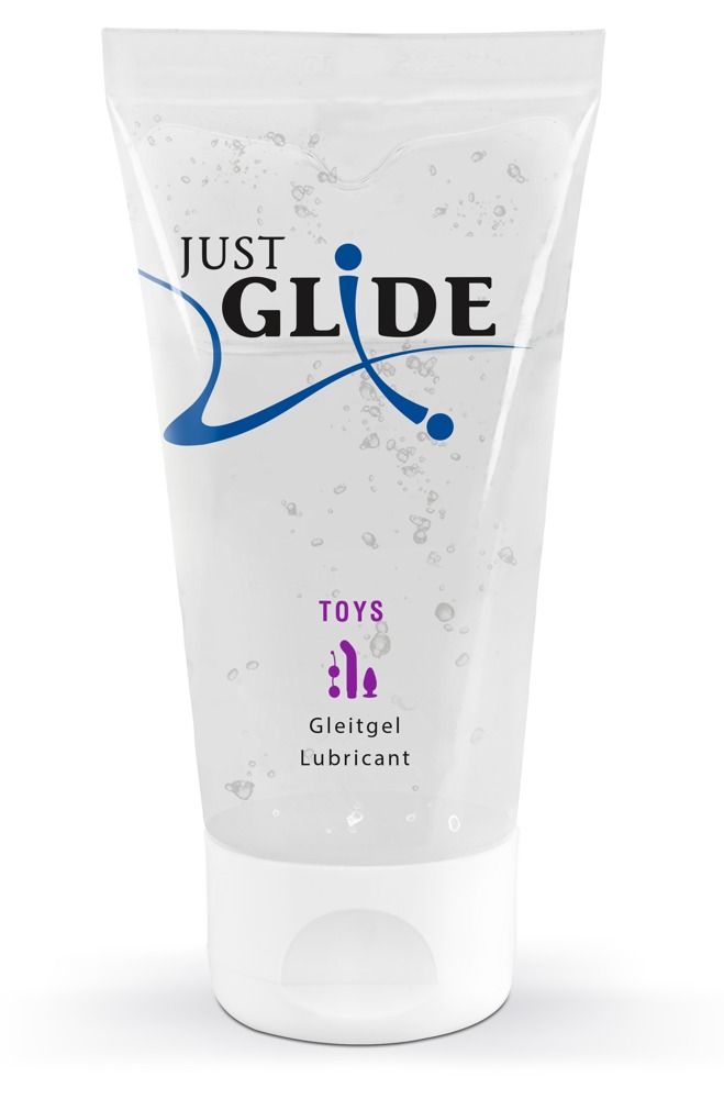 Transparente Tube mit Aufschrift "JUST GLIDE TOYS". Enthält Gleitgel. Unterhalb des Logos steht "Gleitgel / Lubricant".