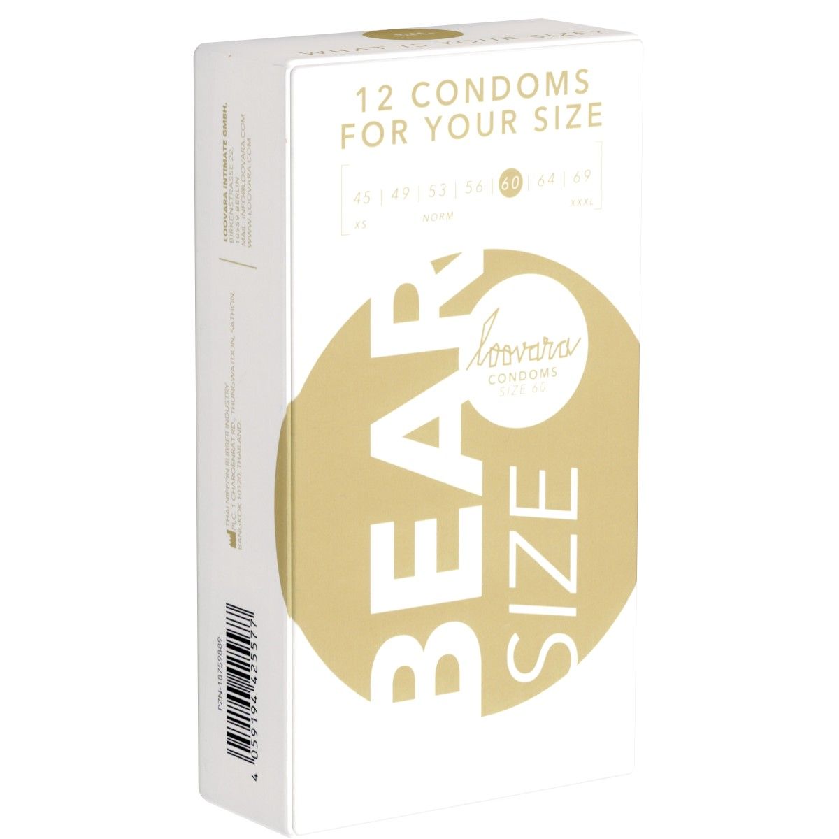 Verpackung für 12 Kondome, Größe 60 'Bear'.