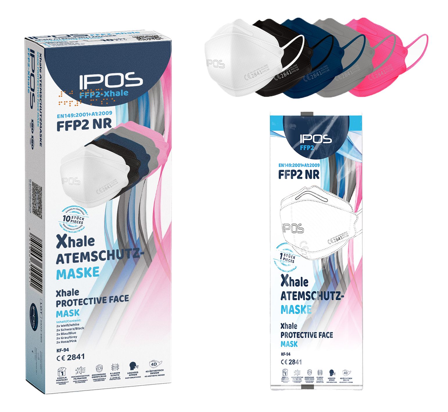 Verpackung mit Atemschutzmasken. Mehrere Masken in verschiedenen Farben. Aufschrift: IPOS, FFP2 NR, Xhale Atemschutzmaske.
