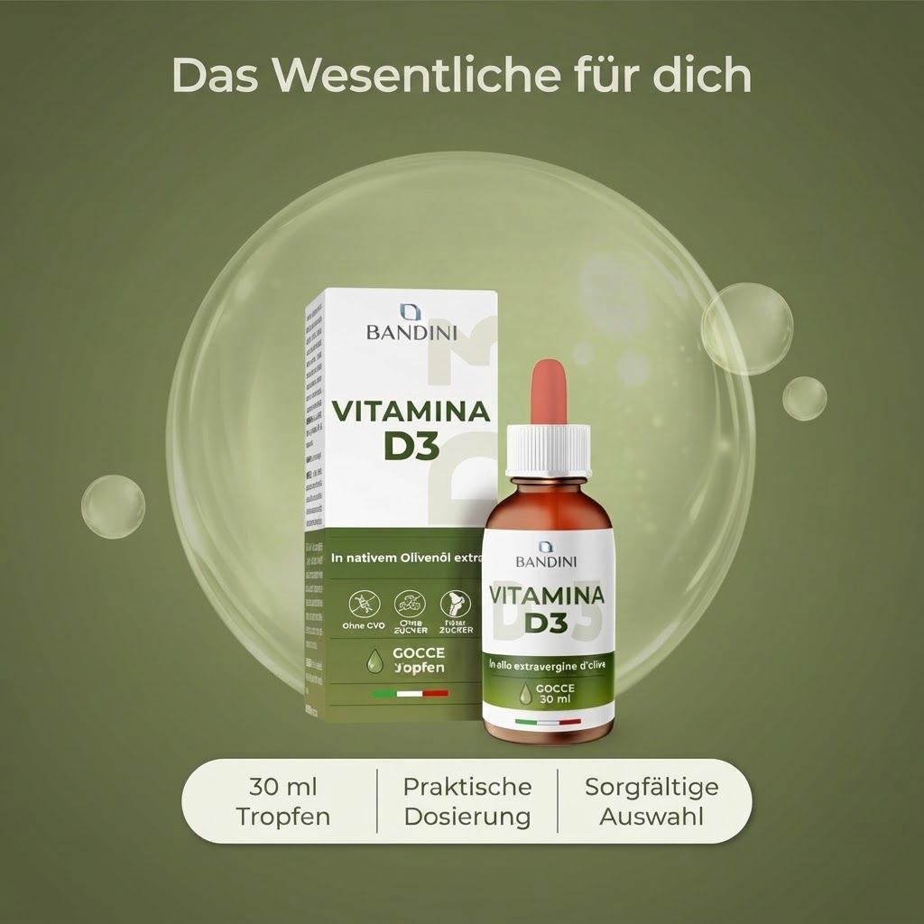 Bandini Vitamina D3 Tropfen: Natürliche Formel, ohne Zusatzstoffe, hochwertige Inhaltsstoffe.