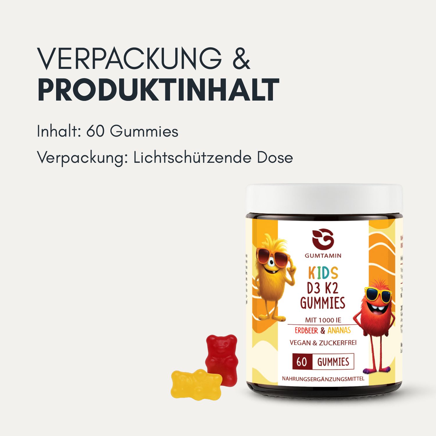 Dose mit Gummibärchen. Aufschrift: Gumtamin, Kids D3 K2 Gummies, Erdbeere & Ananas, 60 Gummies. Zwei Gummibärchen daneben.