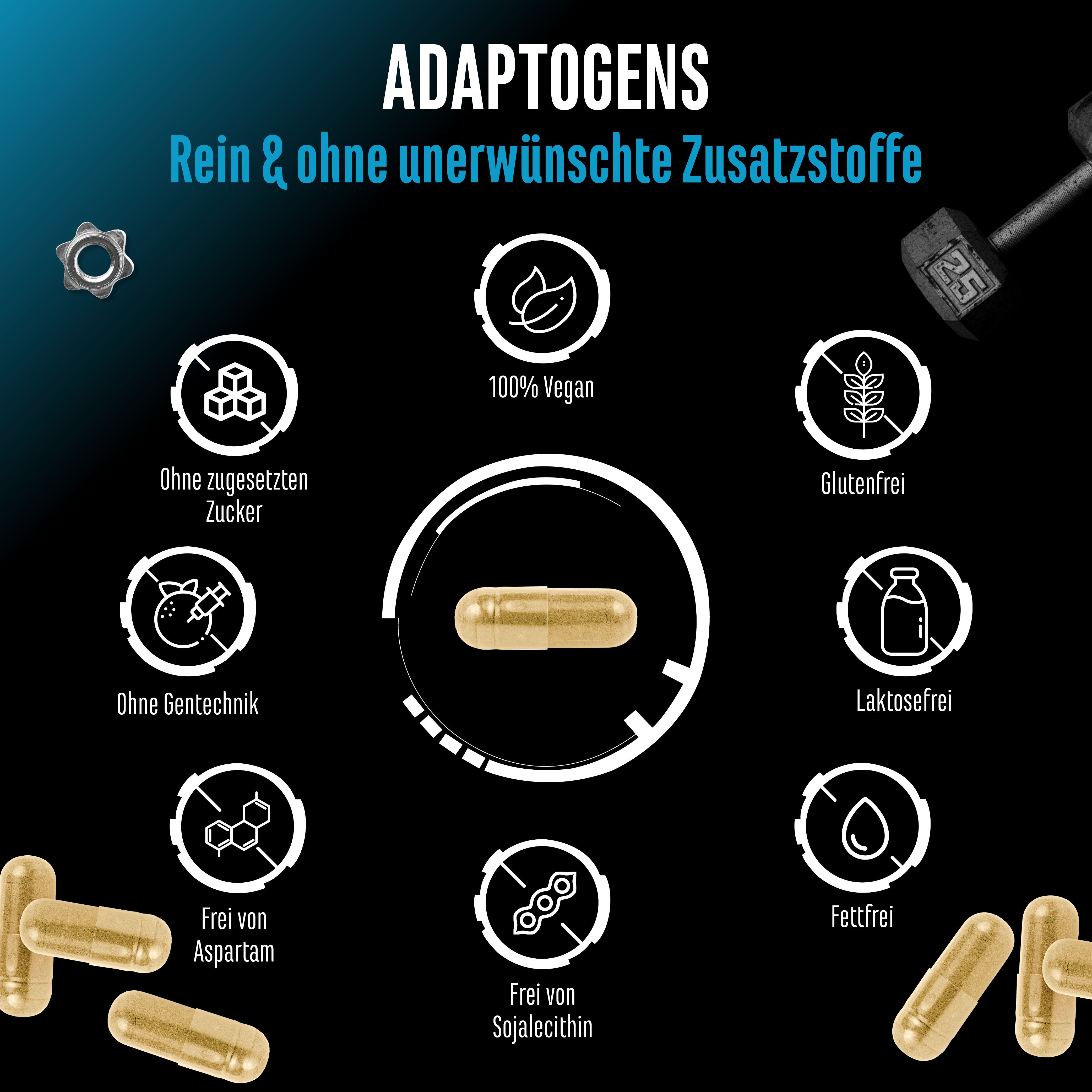 Infografik mit Informationen zu Adaptogens. Ohne Zucker, Gentechnik, Aspartam, Sojalecithin, Gluten, Laktose, Fett, 100% vegan.