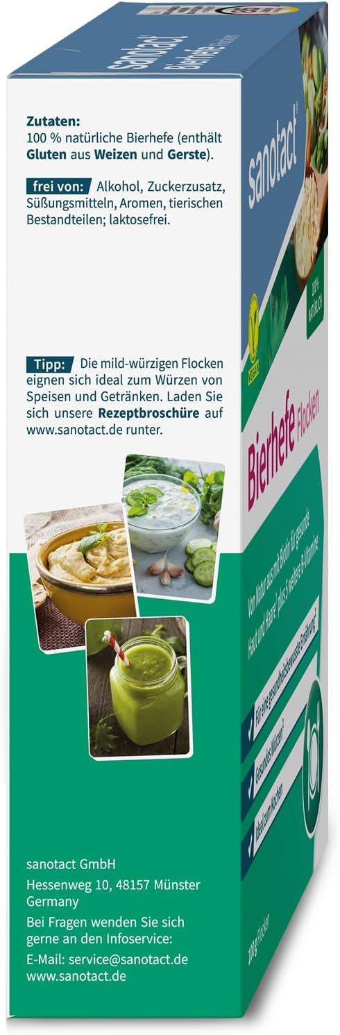 Verpackung von Bierhefe Flocken. Sanotact-Logo. Text: 100% natürliche Bierhefe. Frei von Alkohol, Zuckerzusatz, Süßungsmitteln, Aromen, tierischen Bestandteilen.