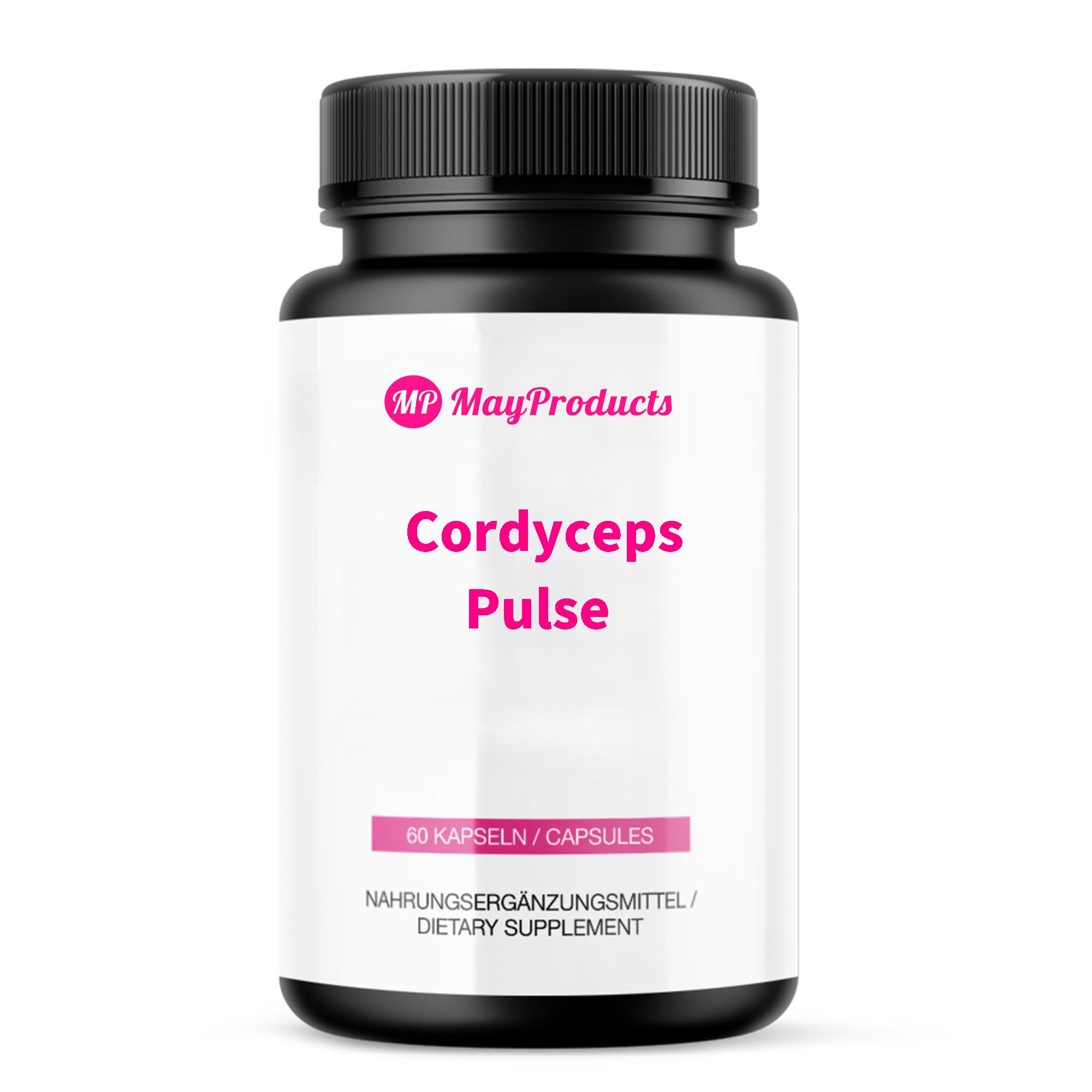 Schwarze Flasche mit Kapseln. Aufschrift: Cordyceps Pulse, 60 Kapseln. Nahrungsergänzungsmittel. Marke: MayProducts.